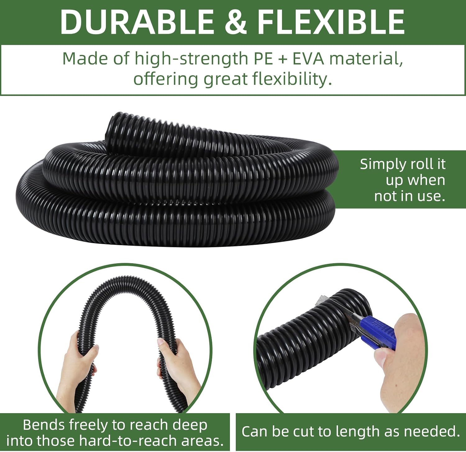 50 Ft. Ultra-Flexible Vacuum Hose Universal Vacuum Replacement Hose with 1.5 Inch Inner Diameter for Wet/Dry Vacuum, Black (Adapter Not Included）