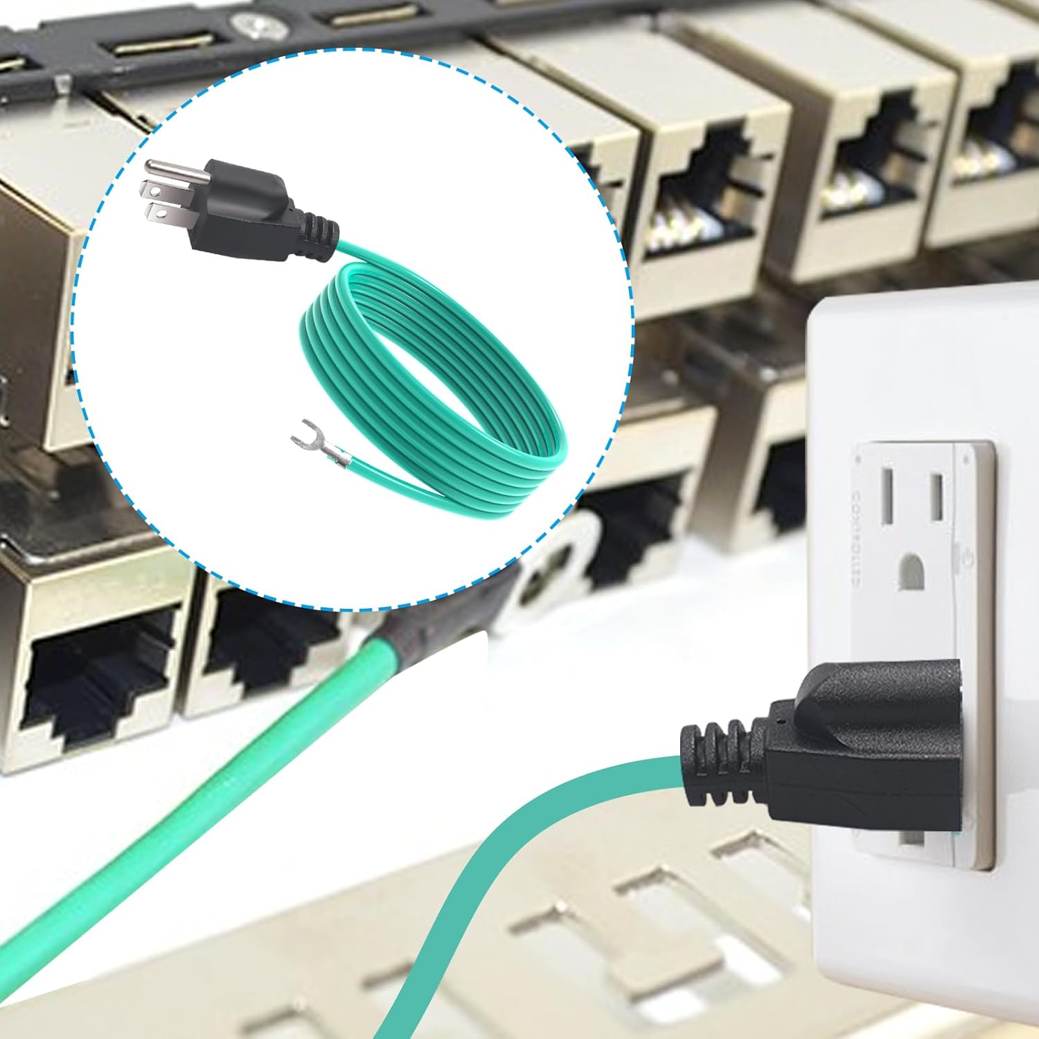14 AWG NEMA 5-15P 3 Prong Plug Shielded Ethernet Patch Panel Bond Ground Extension Cord