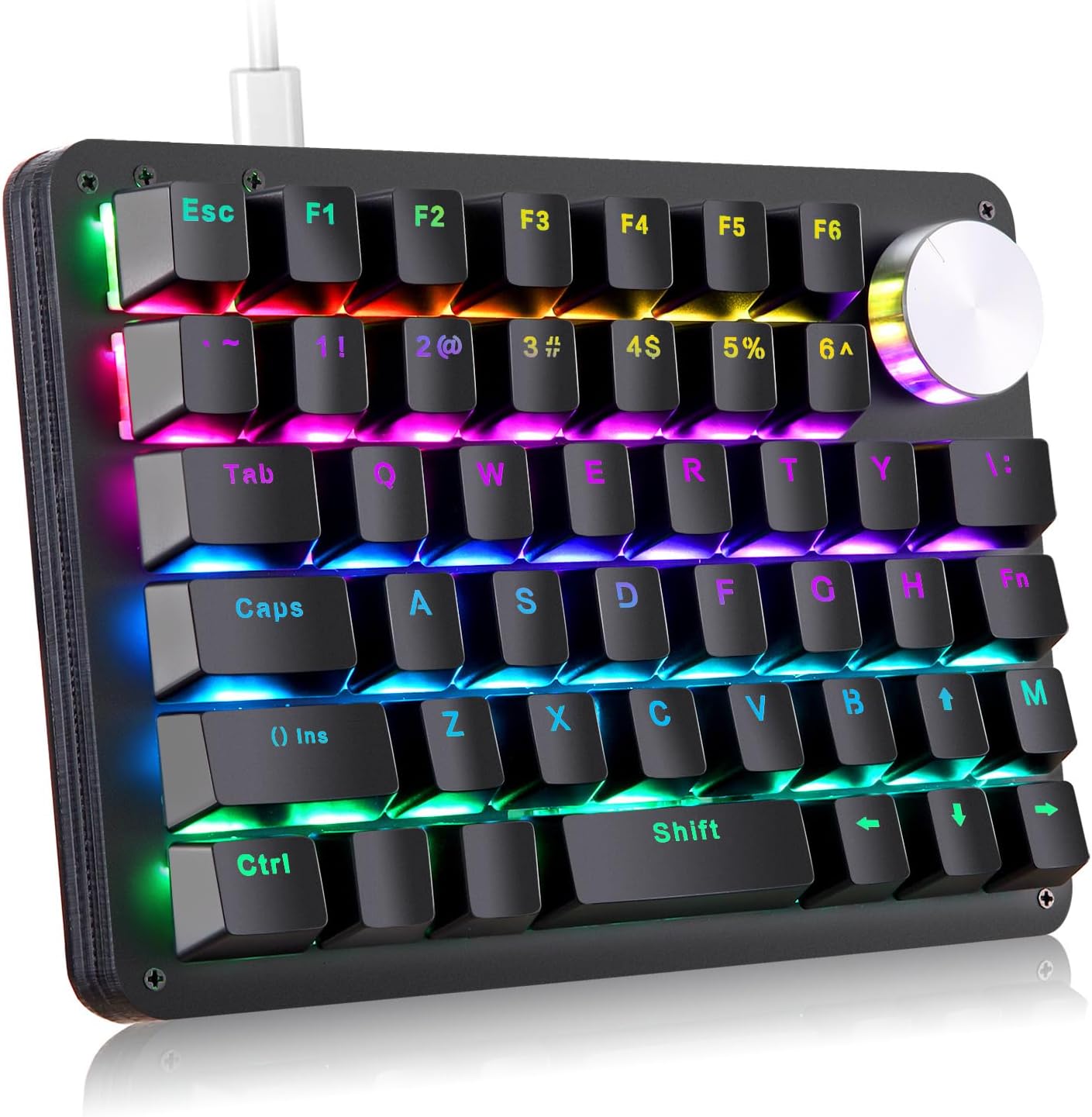 One Handed Mechanical Gaming Keyboard, 45-Key Fully Programmable Mini Keypad, Mini USB Macro Keyboard with Rotating Knob, RGB Backlit Red Switches, for Windows PC Gamers