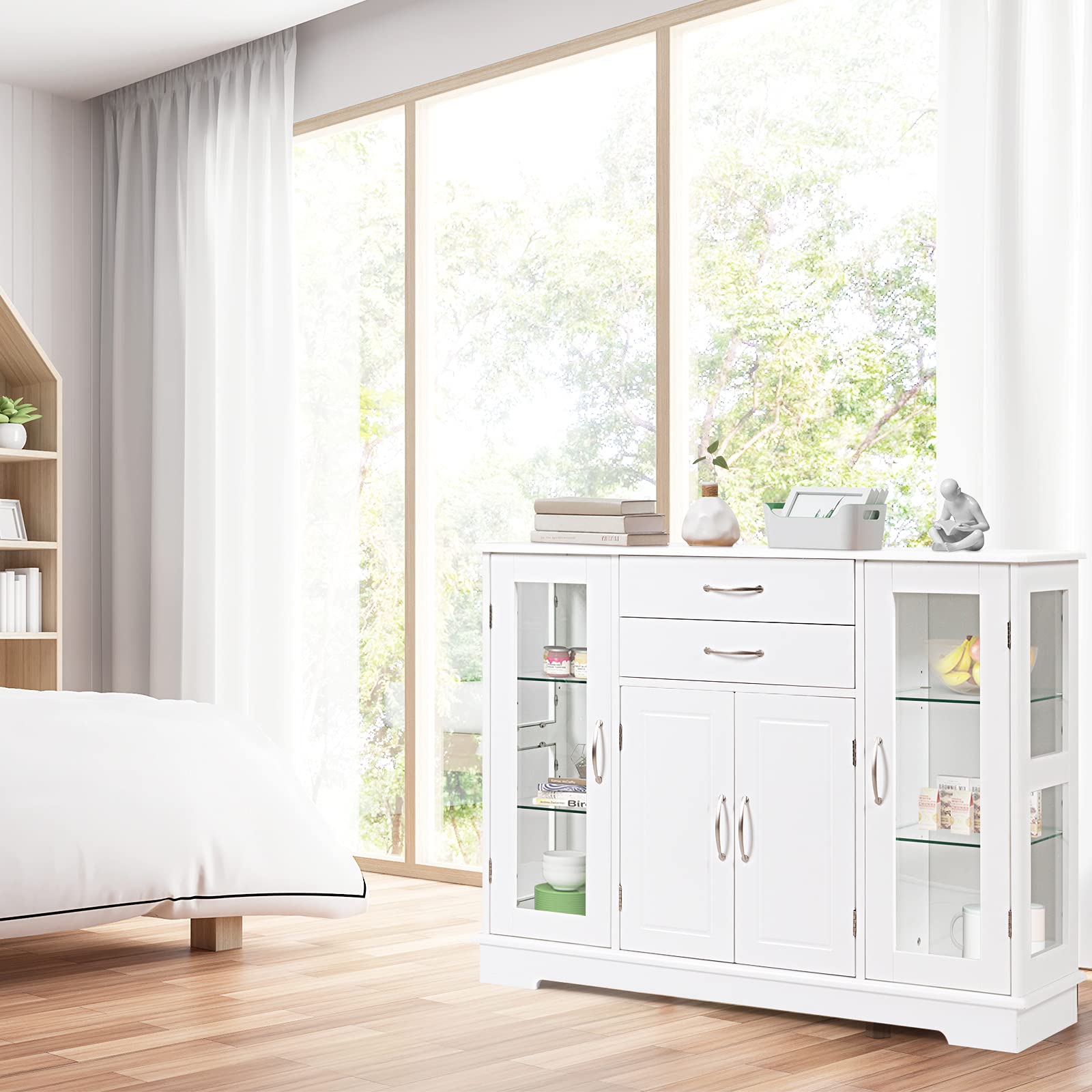 GYMAX Credenza per Cucina, Mobile di Stoccaggio per Cucina con Porte e Ripiani, 2 Vetrine in Vetro per Sala da Pranzo, Corridoio, Ufficio 107 x 30 x 82 cm