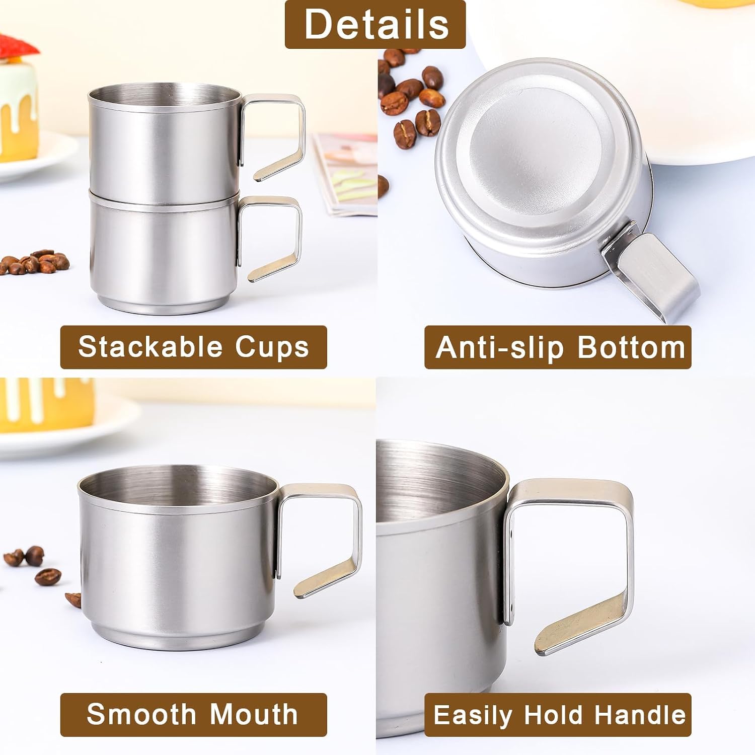 ZPUFAW 4Pcs Espresso Cups 4 oz Expresso Shots Cups 18/8 Stainless Steel Coffee Cups Set of 4