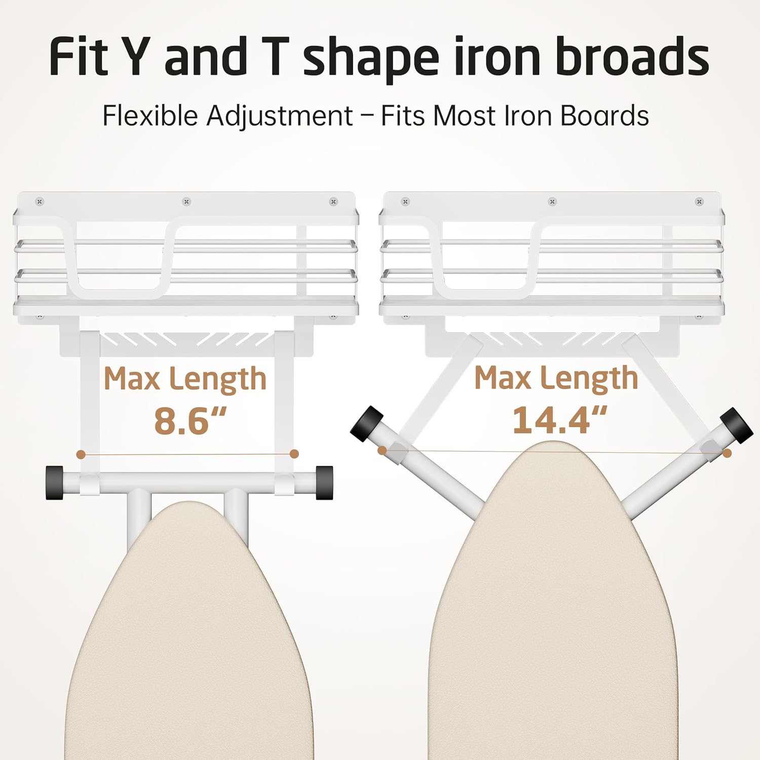 KES 90lb Heavy-Load Ironing Board Hanger Wall Mount, One-Piece Metal Frame Ironing Board Holder with T&V Shaped Hooks, Extra Large Storage Basket, No Breaking Sturdy Screws Included, White, HIR502-WH