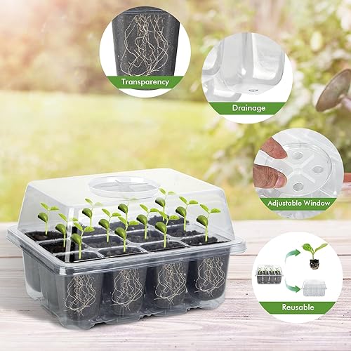 Miniatura 3 de ZOUTOG Bandeja de inicio de semillas, paquete de 15 bandejas reutilizables de germinación de plantas de 180 celdas con cúpula de humedad y orificio