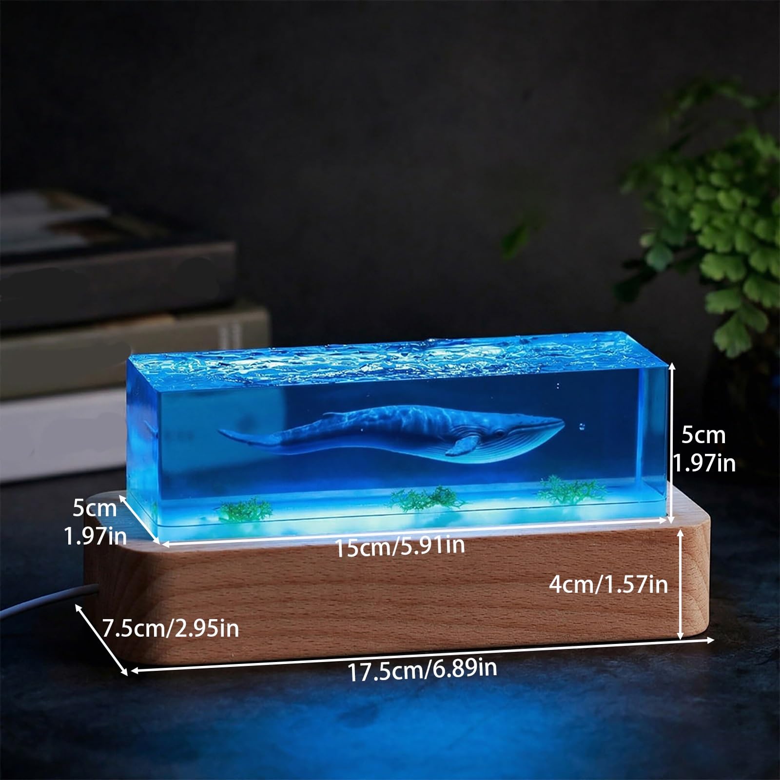 Lampada Mare in Resina con Base Legno, Luce Notturna LED USB Blu