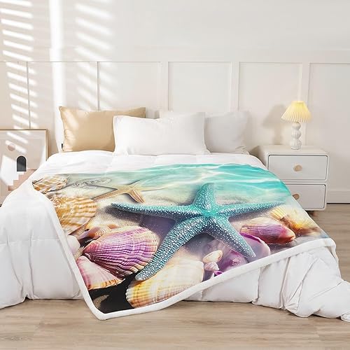 Miniatura 2 de Erosebridal Manta de forro polar con diseño de concha de estrella de mar, color verde azulado, manta de sherpa costera tranquila para niños y niñas,