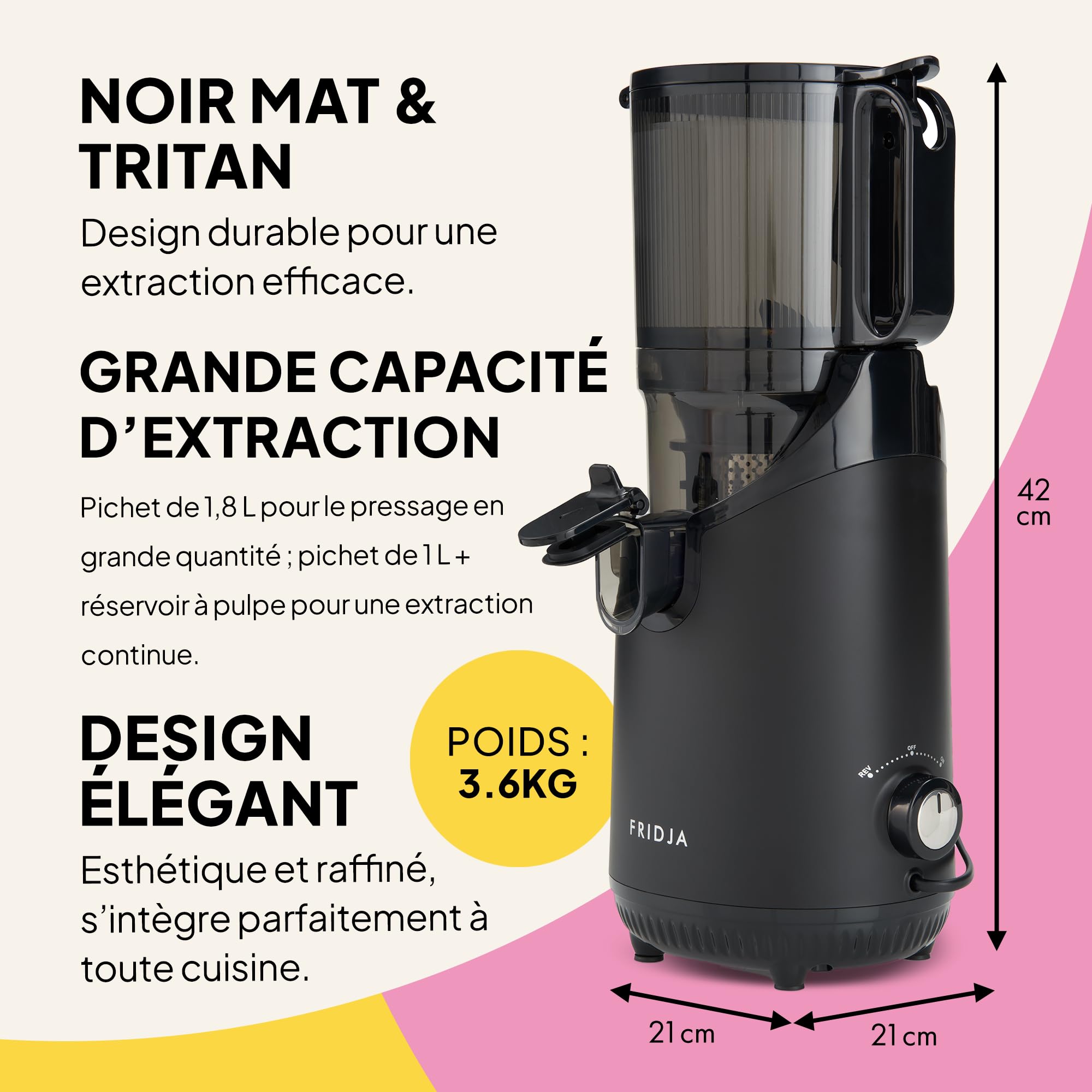 Fridja f2500 Extracteur de Jus à Alimentation Automatique 250W Goulotte 135mm Fruits Entiers Sans BPA Noir Mat