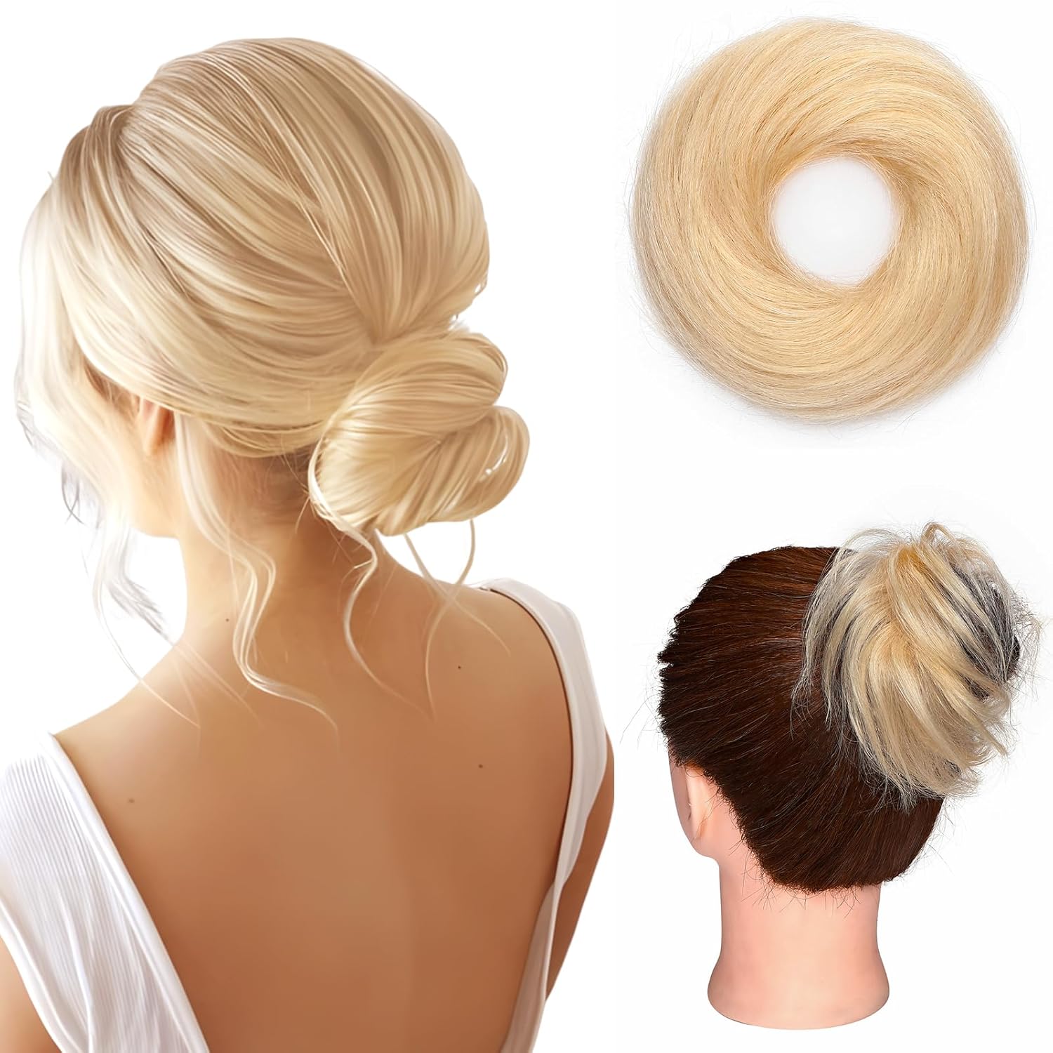 Hairro 2PCS Messy Bun Hair Piece Human Hair Scrunchies Real Hair Updo Hairpieces Remy Donot Elegant Chignon Easy Bun Extensions For Women 46g #24 Natural Blonde