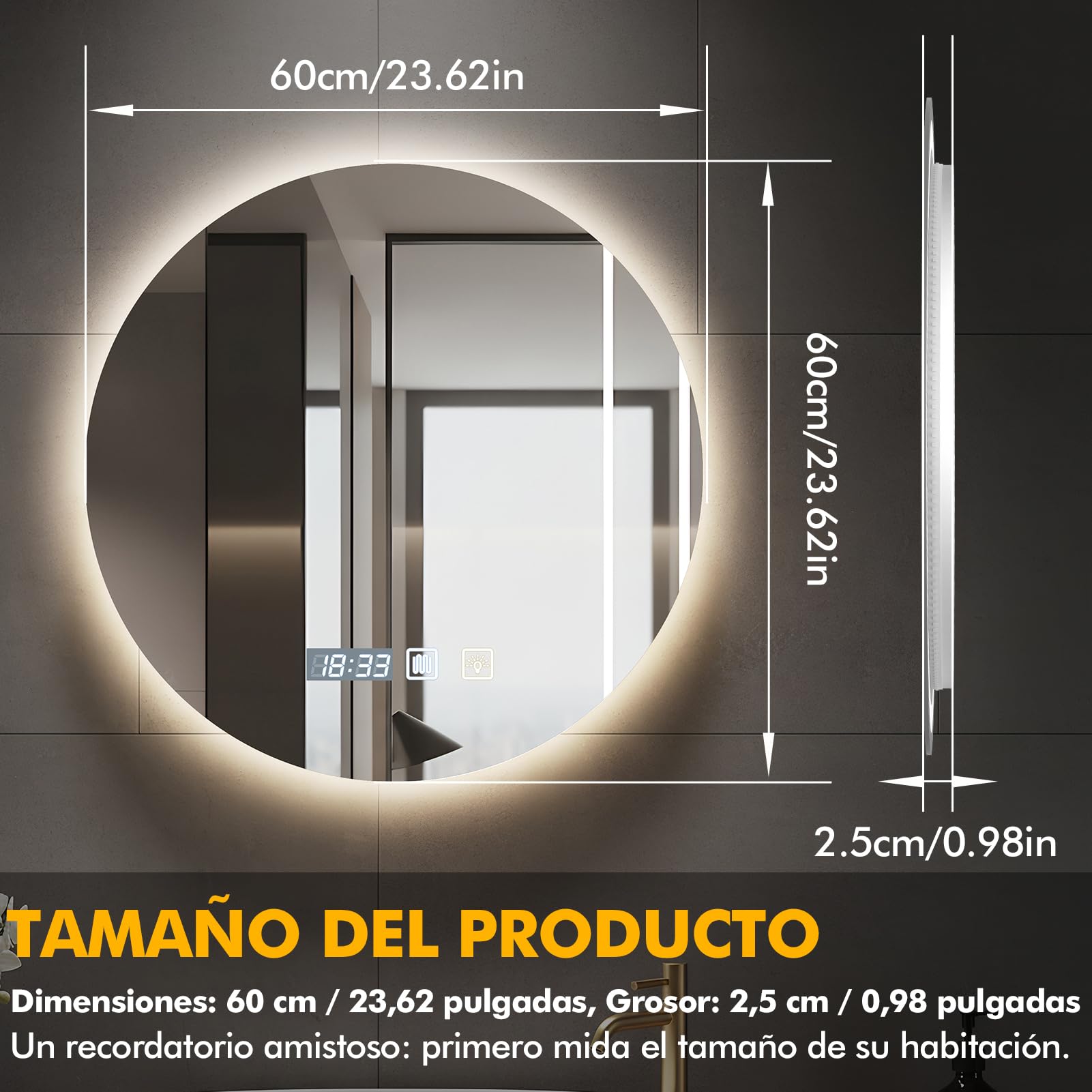 Espejo de Baño Iluminado con LED 60 x 60 cm,Espejo Baño LED Antivaho,Espejos Bano con Luz Regulable de 3 Colores,Ajuste de Brillo, Interruptor Táctil, Espejos de Bano con Luz LED Retroiluminadas