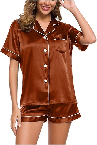 Silk Pajamas Womens Short Sleeve Sleepwear Soft Satin Button Down Shirts 2 Piece Pjs Shorts Set Silky Pj Loungewear