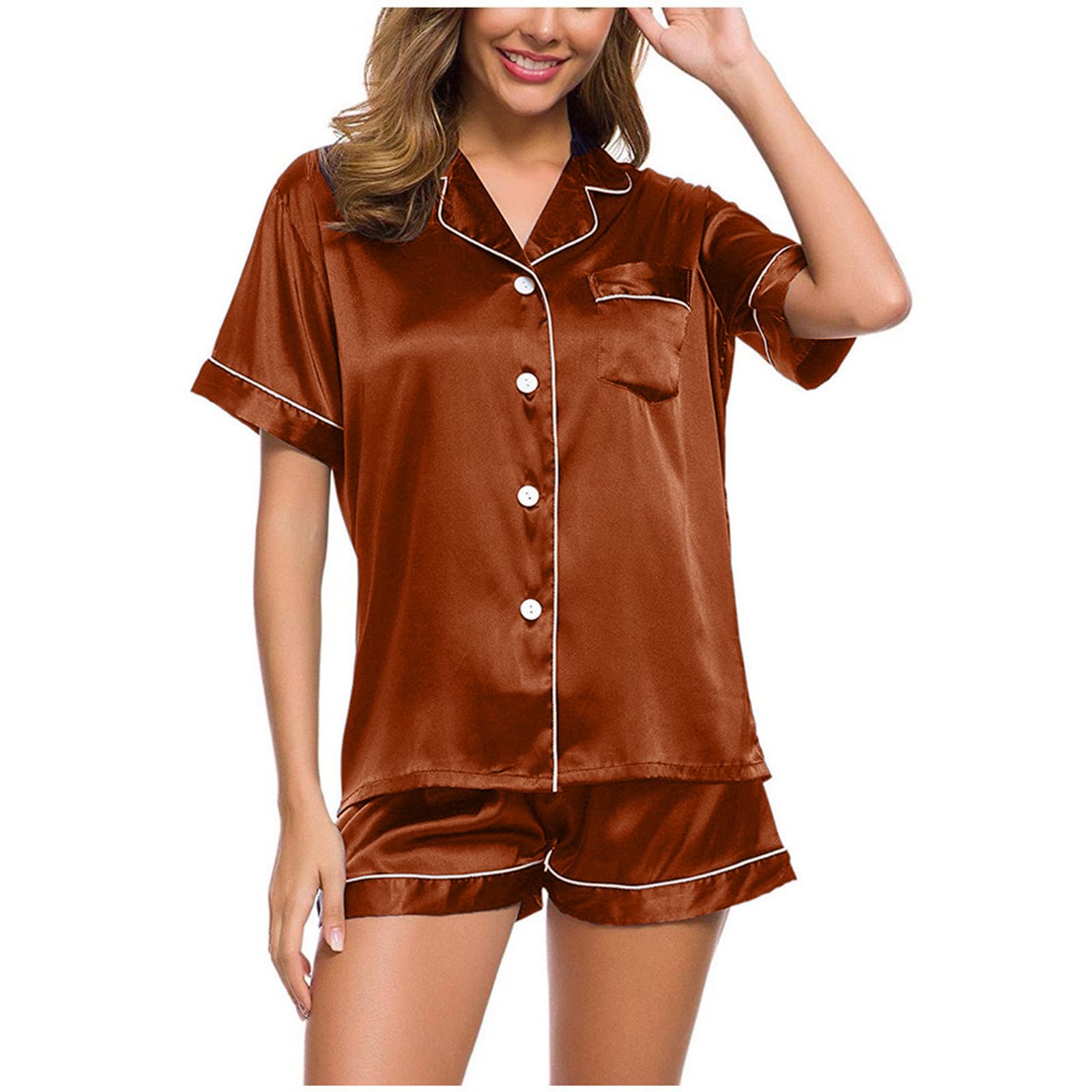 Womens Satin Silky Pajama Set Short Sleeve T-Shirt with Shorts Set Pj Loungewear Sleepwear Lounge Sets 2 Piece