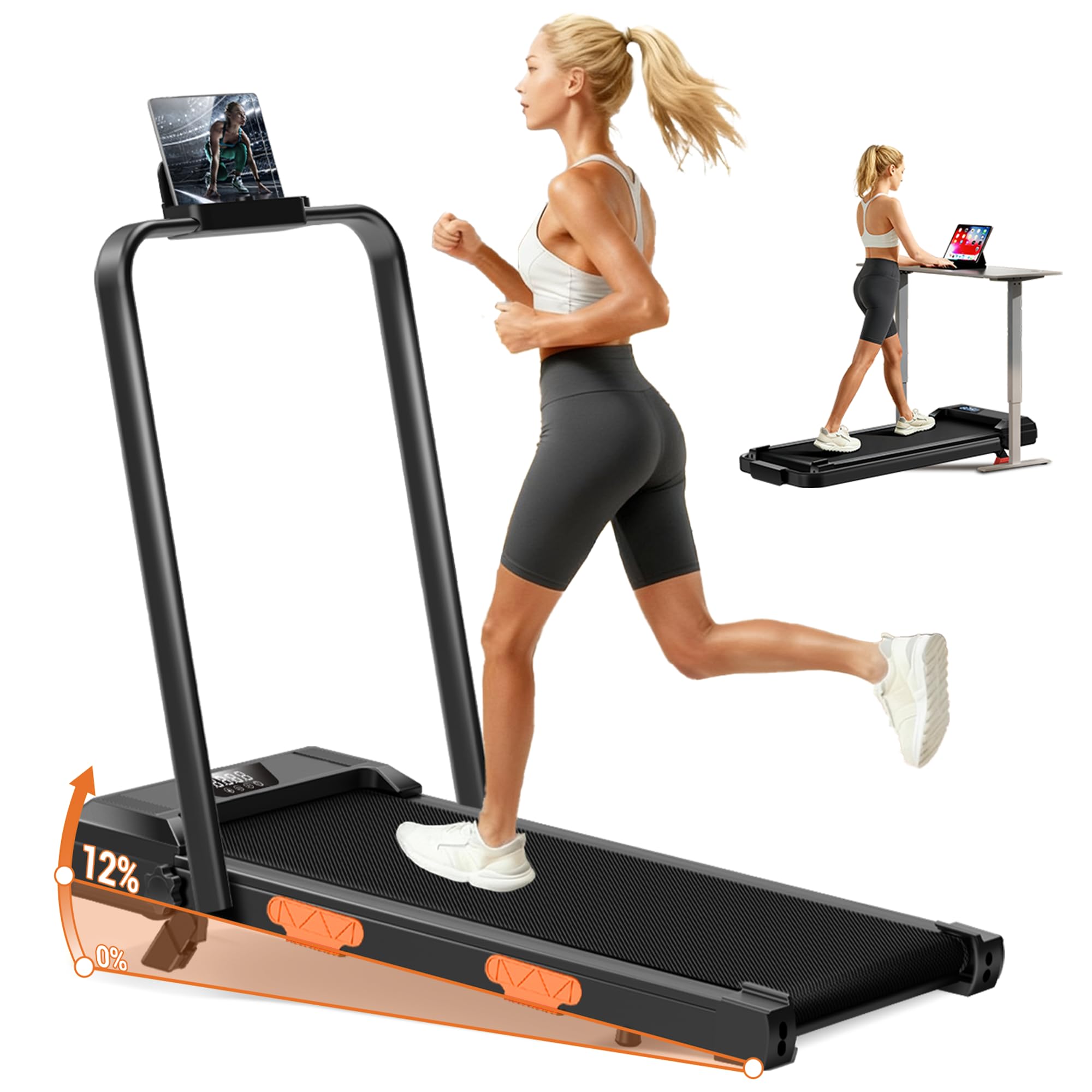 CURSOR FITNESS 3-in-1 Walking Pad Treadmill with 12% Incline 2.5HP Foldable Treadmills for Home with Handle Compact Small Quiet Under Desk 300LBS Walking Treadmill