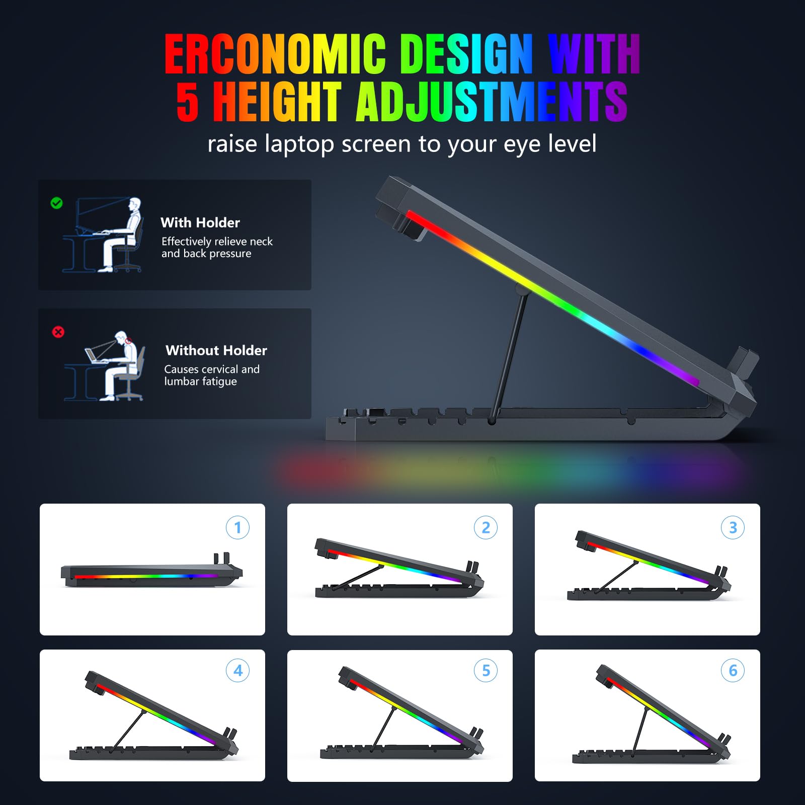 Almohadilla de refrigeración para laptop con 12 ventiladores silenciosos, portátil delgada para soporte enfriador de laptop de 12 a 17.3 pulgadas, iluminación RGB, con 5 alturas ajustables 4