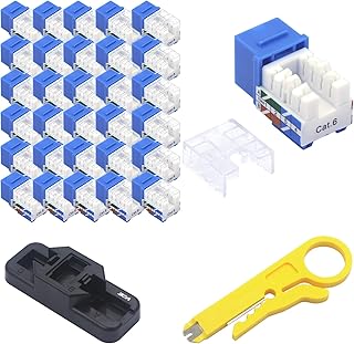 VCE 50 Pack Cat6 RJ45 Keystone Jack Insert UL-Listed, 90 Degree Ethernet UTP Cat 6, Cat5, Cat5e Keystone Punch-Down Stand and Mini Stripper Cutter Blue