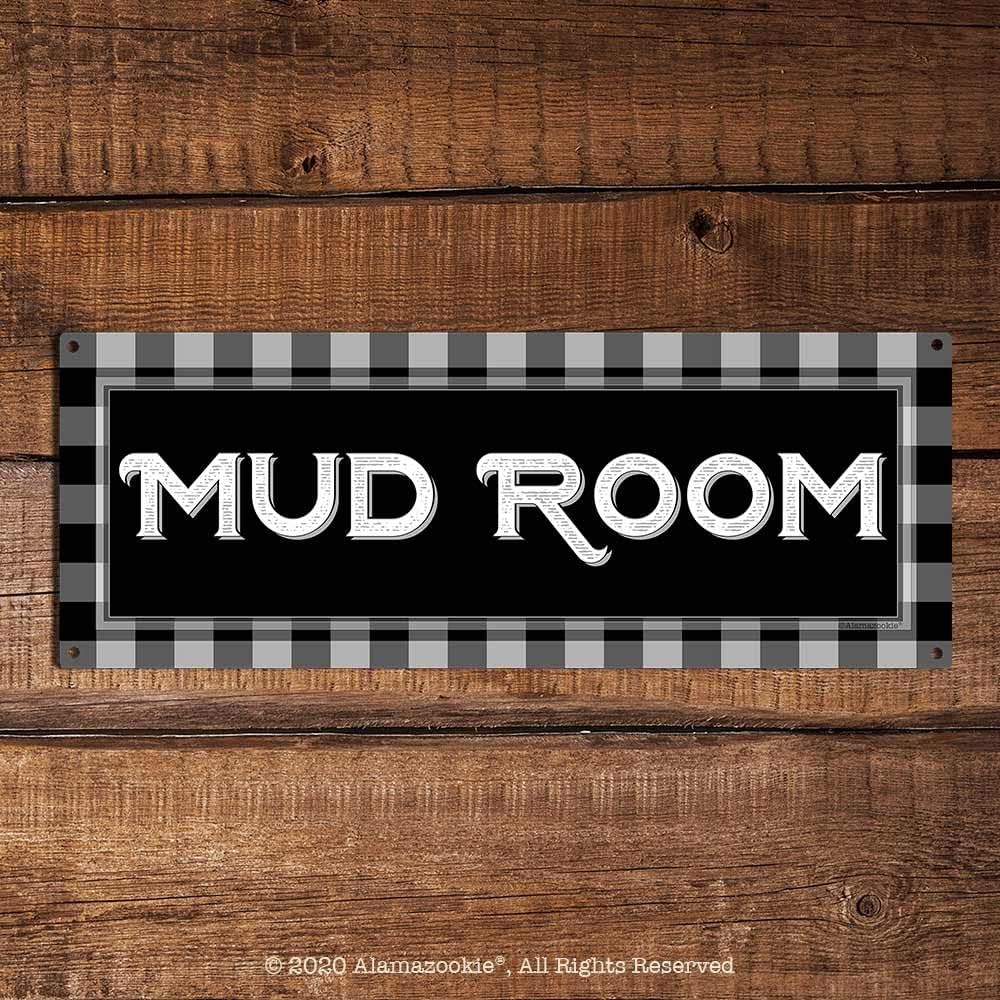 Mud Room, Buffalo Plaid 5.75 x 15.5 Inch Aluminum Sign, Black & White Vintage Farmhouse Style, Rustic Wall Decor for Home Kitchen, Dining, Mud Room, Restaurants, Bakery, Coffee Shops AL-0616-RK3176