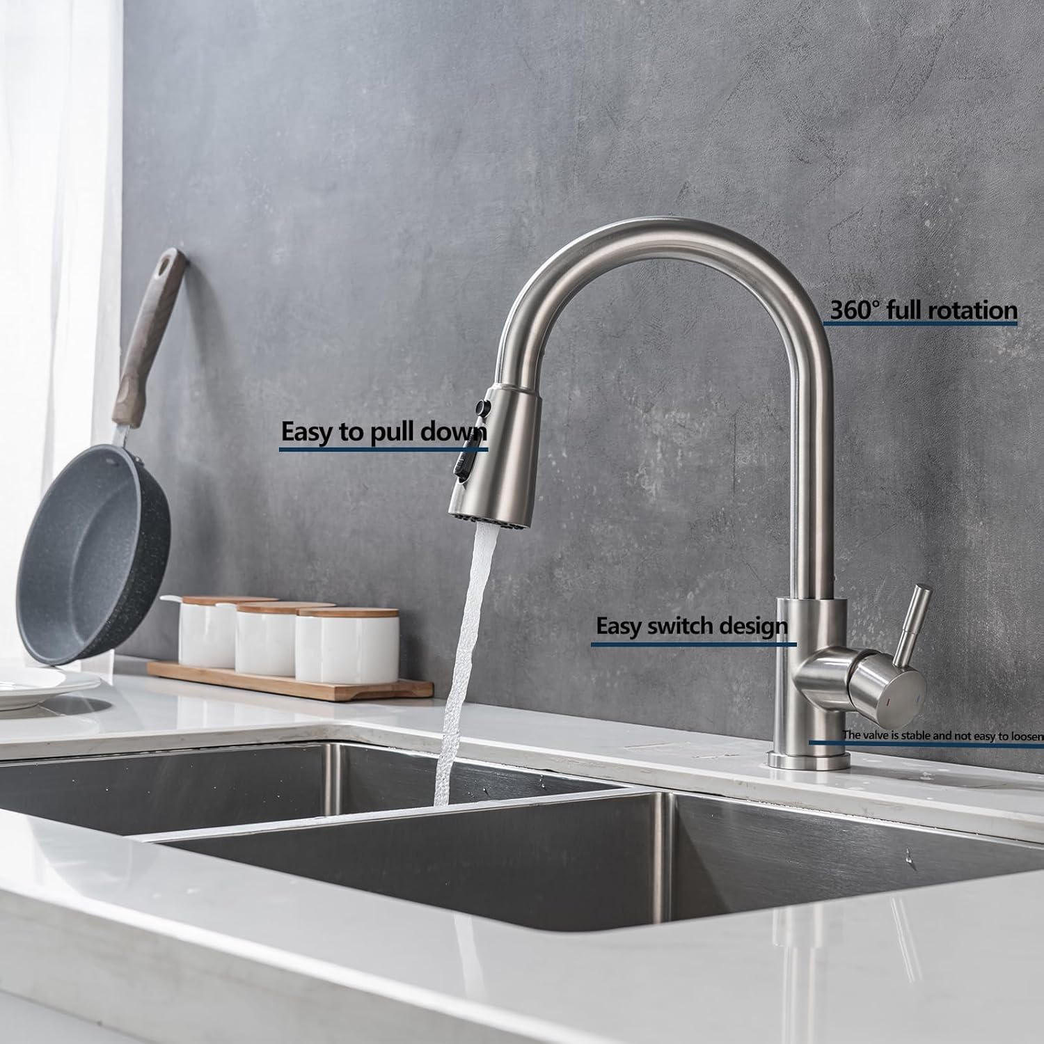 Kitchen Faucet with Pull Down Sprayer Brushed Nickel Single Handle Kitchen Sink Faucets with Pull Out Sprayer Stainless Steel Modern Commercial Farmhouse Rv Camper Sink Faucets