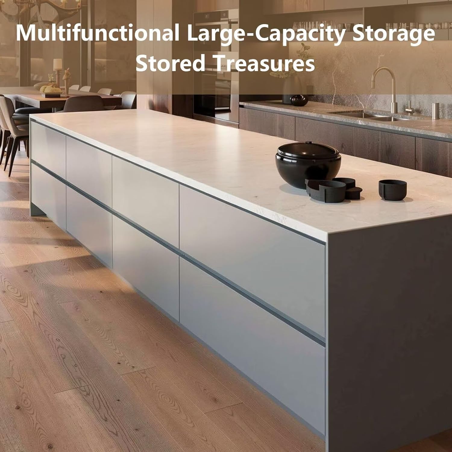 Kitchen Island with Storage - Kitchen Island Table with Slate Surface, Modern Dinner Table Includes Side Cabinet Drawers Power Outlets for 4 People (64IN No Chairs)