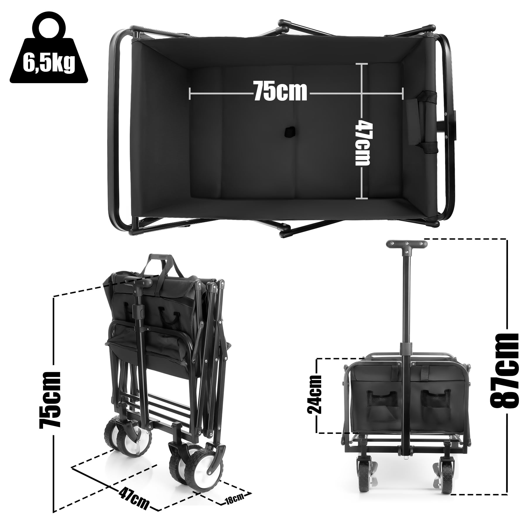 BigDean kompakter Bollerwagen faltbar schwarz bis 80kg belastbar – Kleiner Bollerwagen platzsparend zusammenklappbar für Ausflüge, Camping & Einkäufe