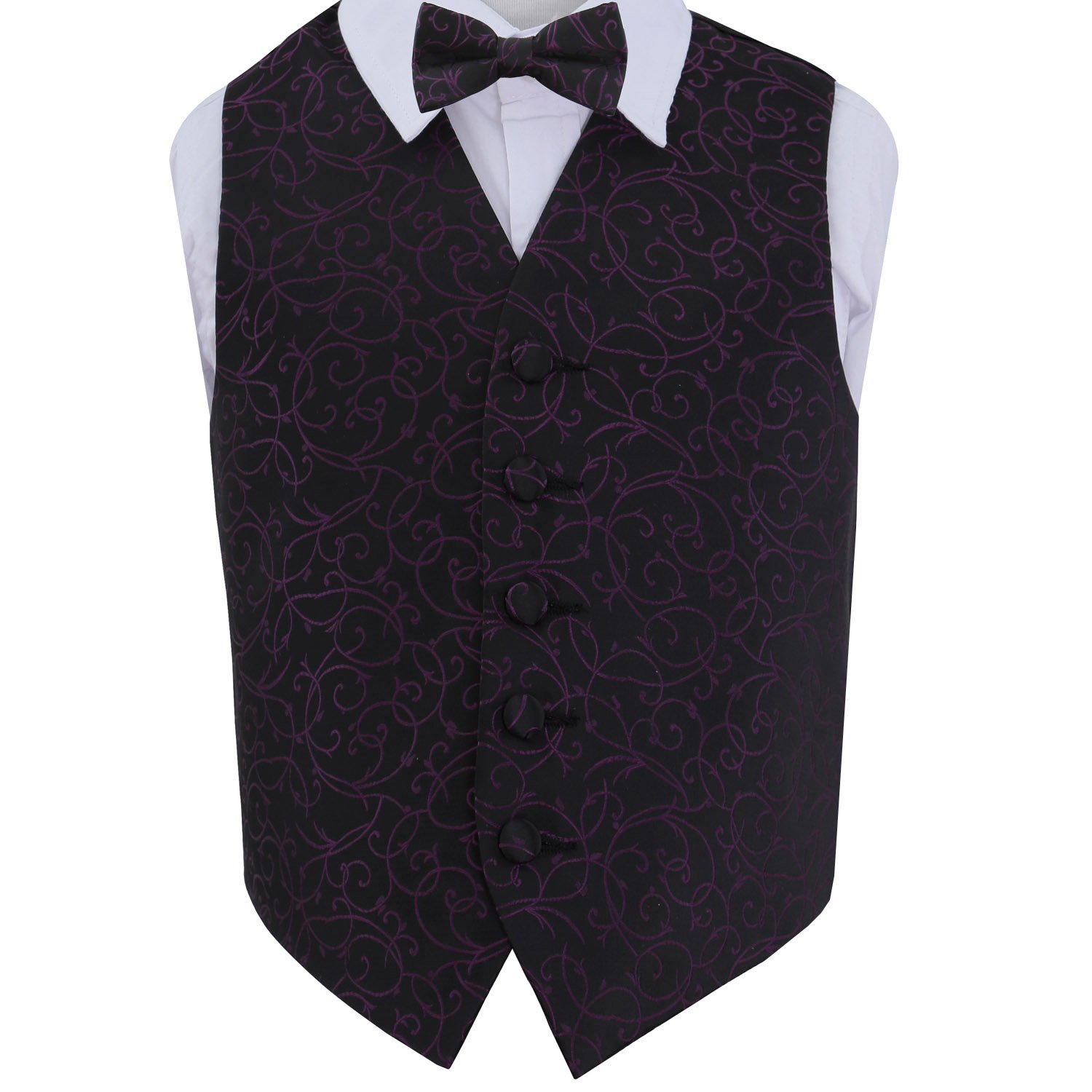 DQT Boys Swirl Jacquard Waistcoat & Pre-Tied Bow Tie Set (2pc) - Wedding Pageboy Formal Vest - Black and Purple 13-14 Years 34"