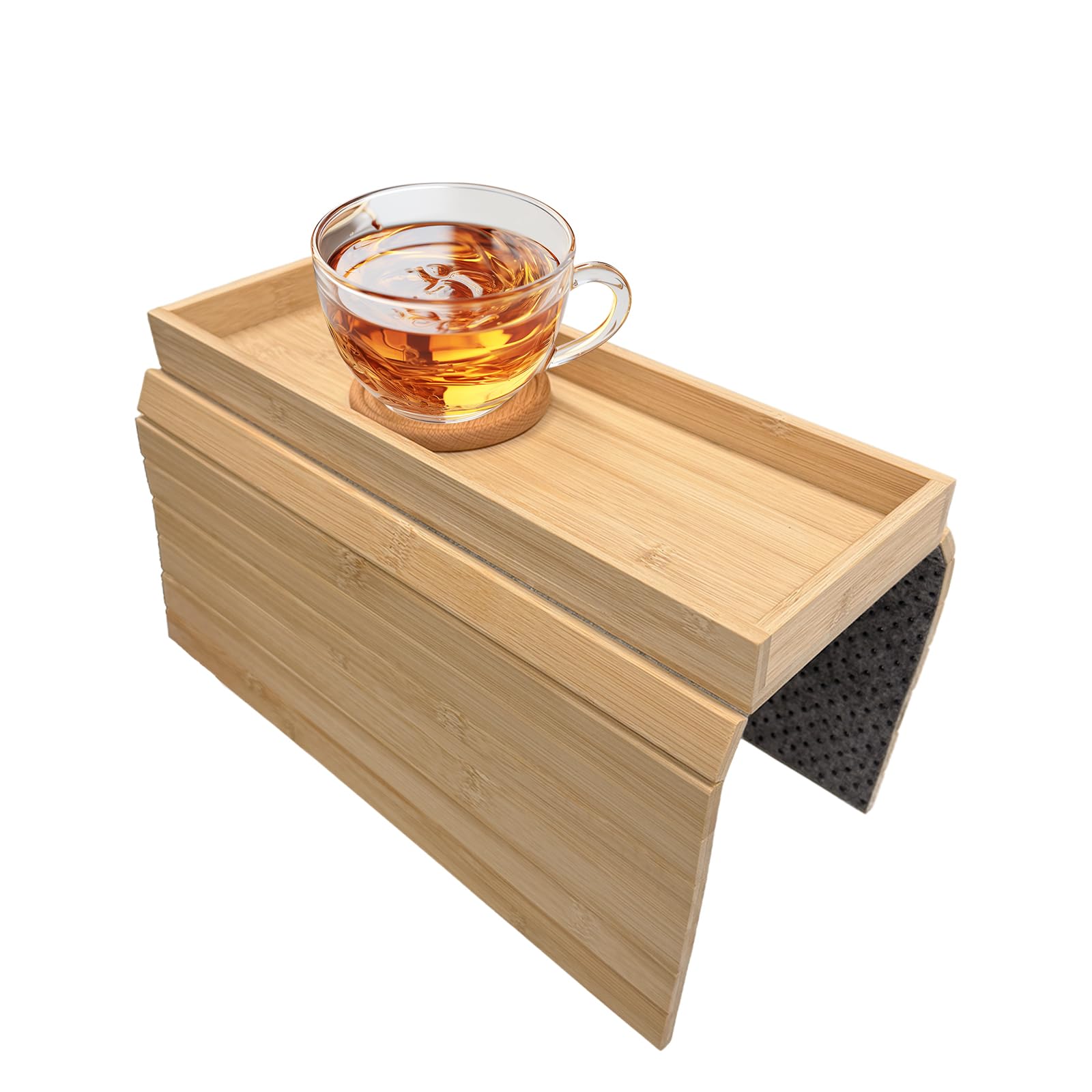 Vassoio per bracciolo in legno massiccio, tavolino salvaspazio per snack e bevande, scanalature antiscivolo, include 1 sottobicchiere in legno, organizer per bracciolo del divano