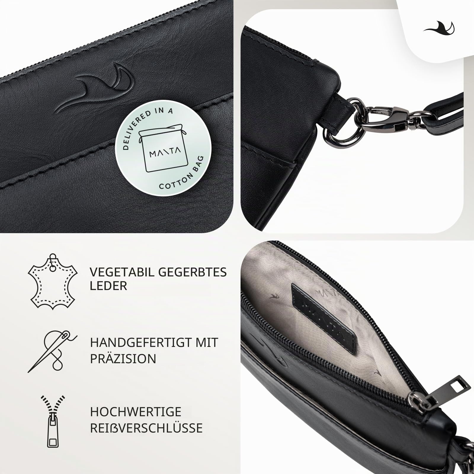 M A N T A Damen-Handtasche aus Echtleder, lässige Abendtasche, kleine Crossbody Bag & Umhängetasche, Clutch, Konzert-Tasche, Festival-Tasche, Damen-Schultertasche & Handytasche, flache Ledertasche