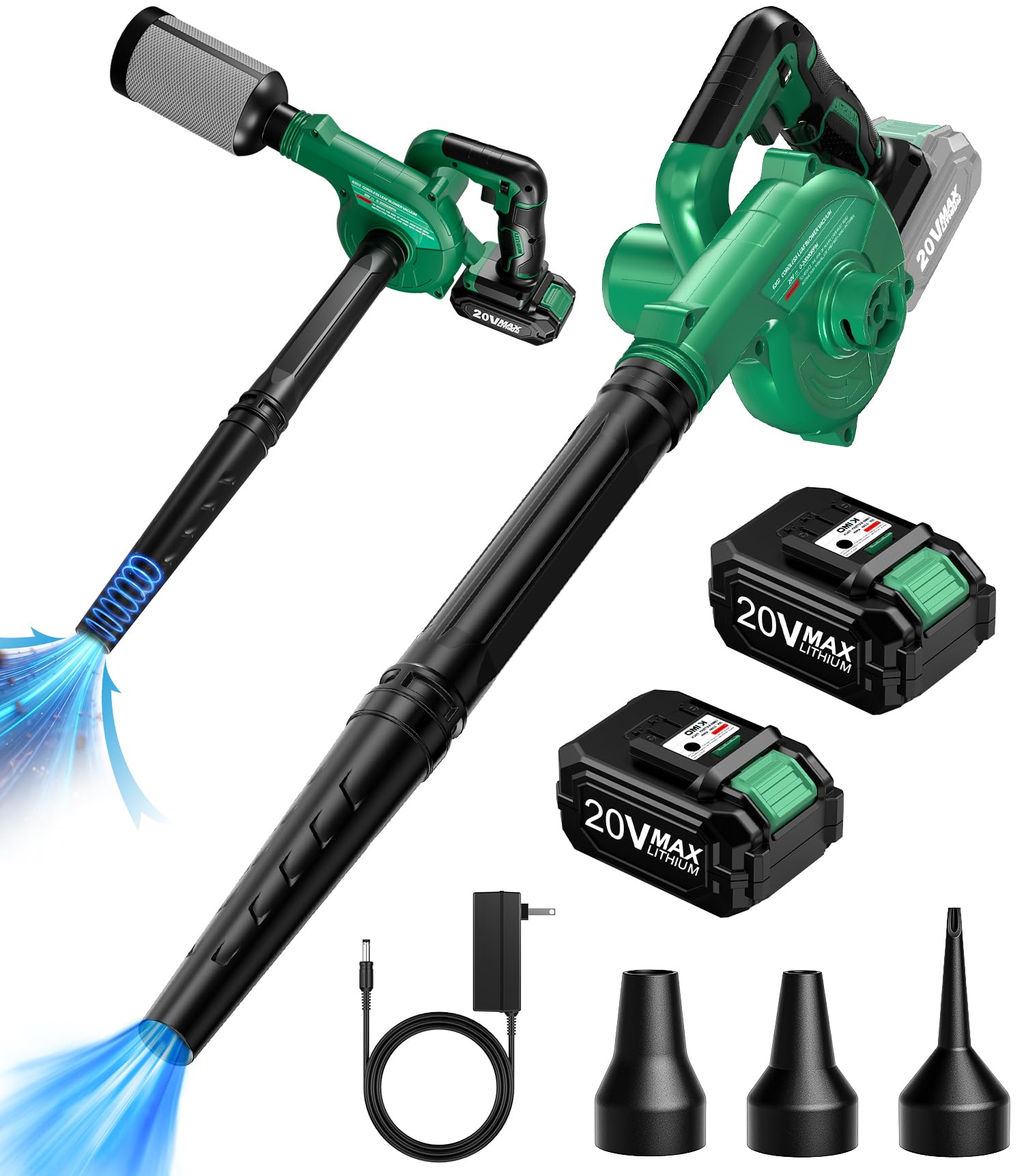 Photo 1 of K I M O. Cordless Leaf Blower Vacuum Combo 4 in 1, 3 Nozzles &3 Modes for Inflation & Deflation, Extended Tube & Variable Speed, 20000RPM 150MPH, 2x2000mAh Battery Powered Leaf Blowers for Lawn Care