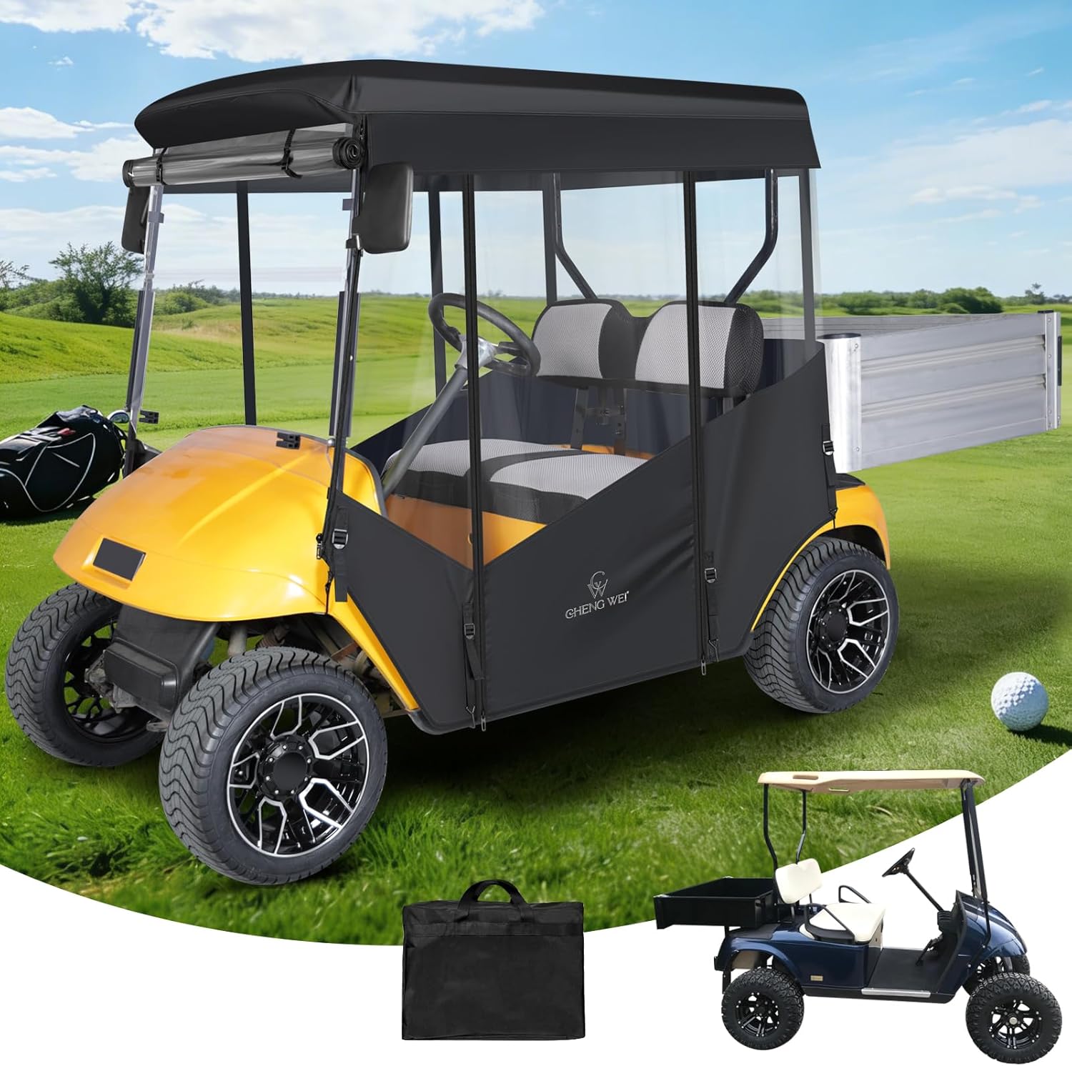 2 Passenger Golf Cart Enclosure for Ezgo TXT with Cargo Box, 57" Roof Waterproof 600D Oxford Driving Rain Cover, Full Roll-Up Clear Windows & Doors