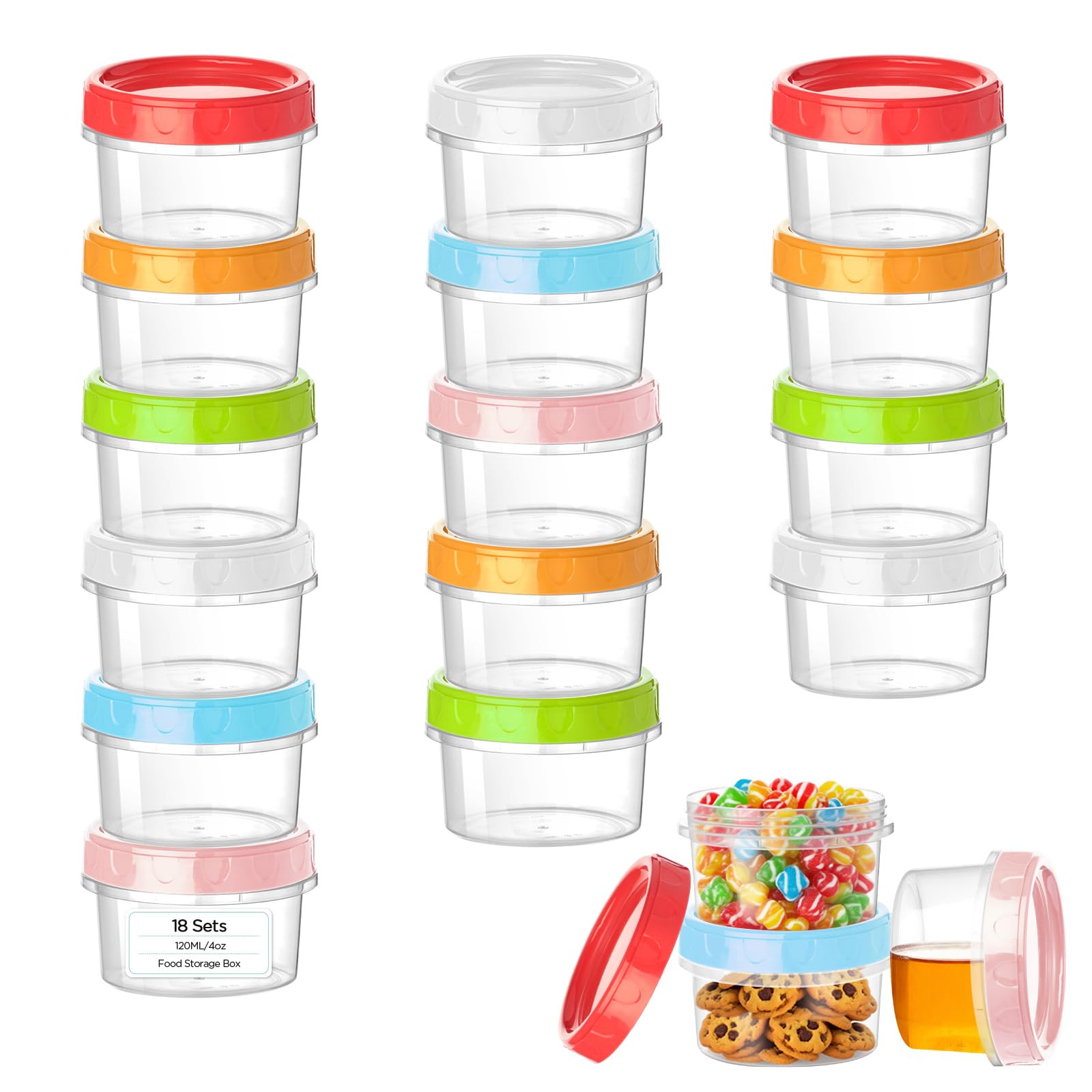 VINATO 18Pcs Contenitori per Alimenti, 120ml Barattolini Plastica Piccoli con Tappo, Set Scatole Plastica, Contenitori per Congelatore, Impilabili