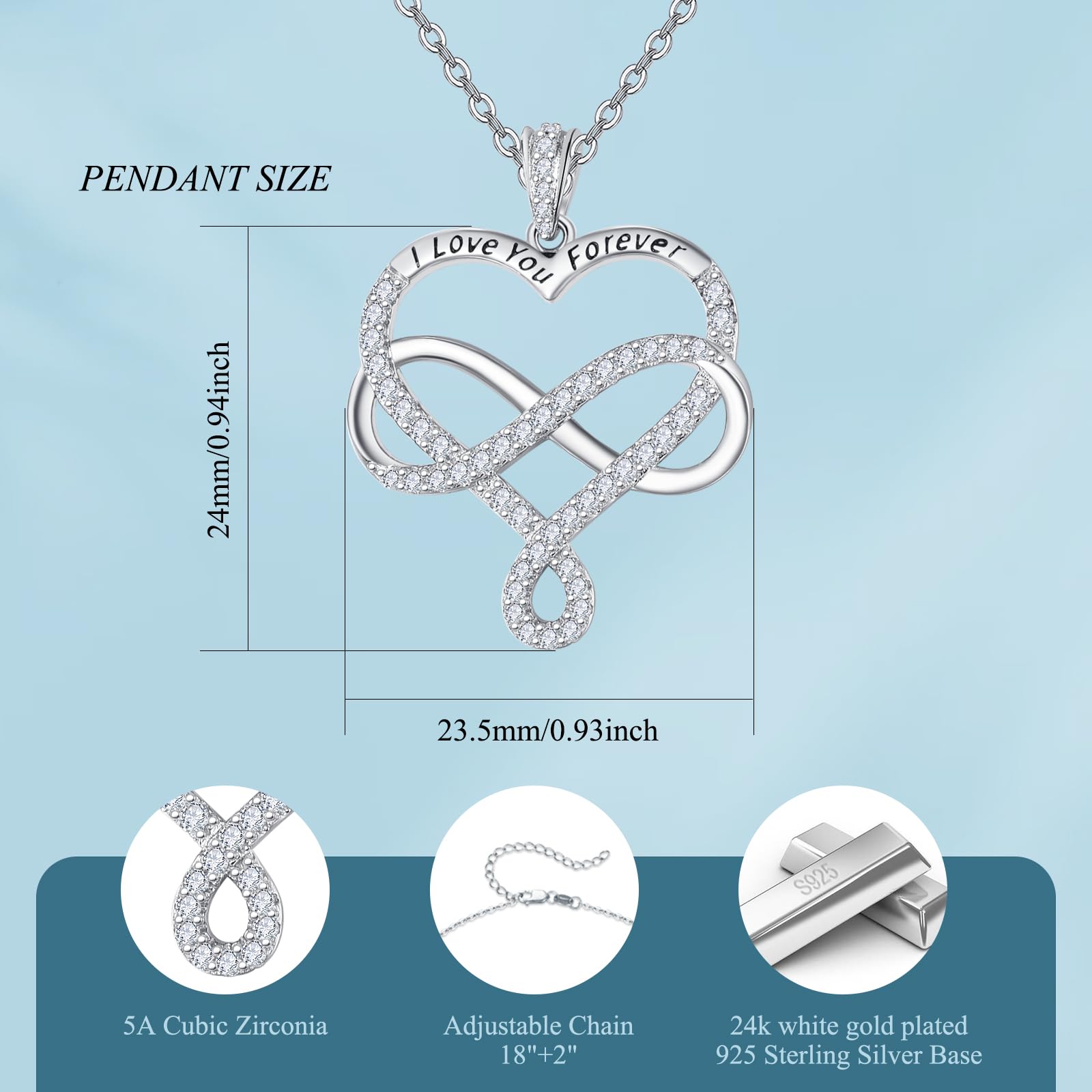 AENEAS Siver - Collana con ciondolo a forma di cuore, da donna, con ciondolo a forma di infinito, idea regalo per fidanzata, moglie, compleanno, 20 pollici, Argento sterling