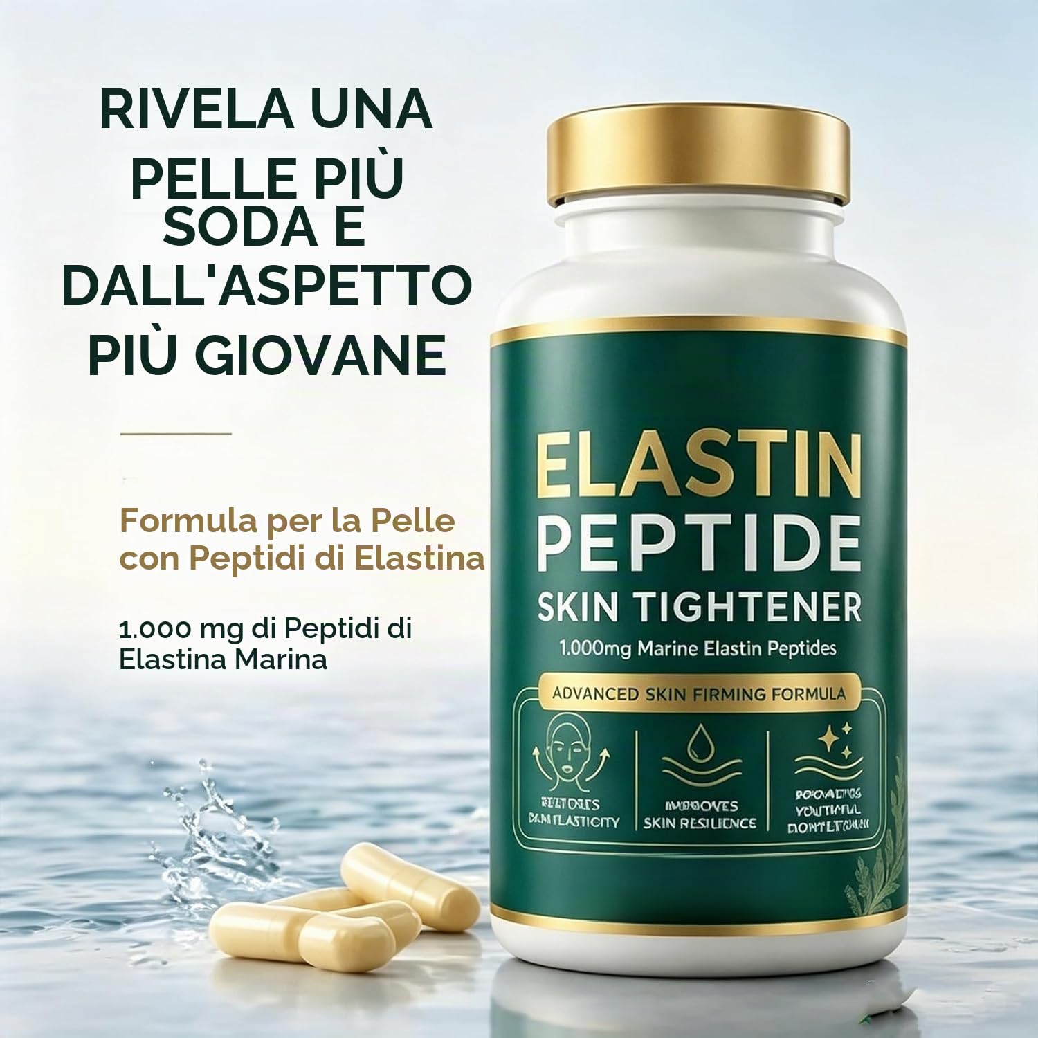Peptidi di elastina 1000mg, riduce segni dell'invecchiamento, migliora salute, tonicità ed elasticità della pelle, adatto a donne e uomini