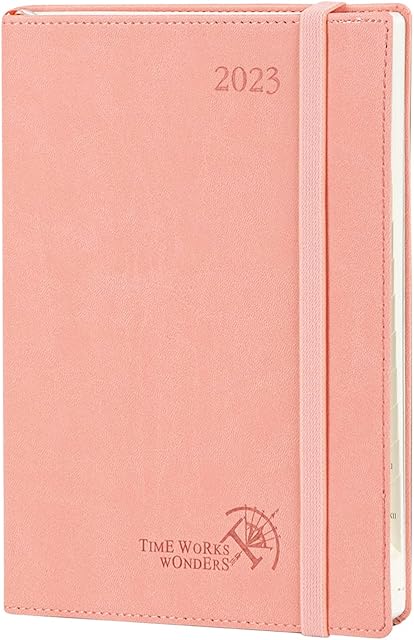 POPRUN 2023 Diary Vertical Week to View 22 x 16.5 cm - Hourly Weekly Planner A5 with Appointment, Monthly Tabs, Vegan Leather Soft Cover, FSC® Certified 100 GSM Ivory Paper, Inner Pocket - Pink
