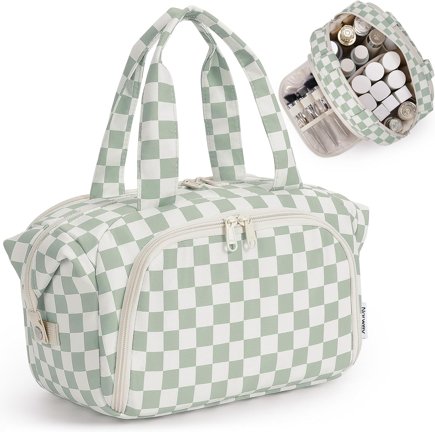 Narwey Travel Toiletry Bag for Women, Checkered Large Makeup Bag, Wide-open Cosmetic Make Up Organizer with Handle, Travel Bag for Toiletries, Essentials, Accessories (Mint Green Checkerboard)