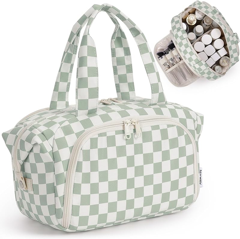 Necessaire de viagem Narwey com organizador para cosméticos, padrão xadrez Mint Green Checkerboard
