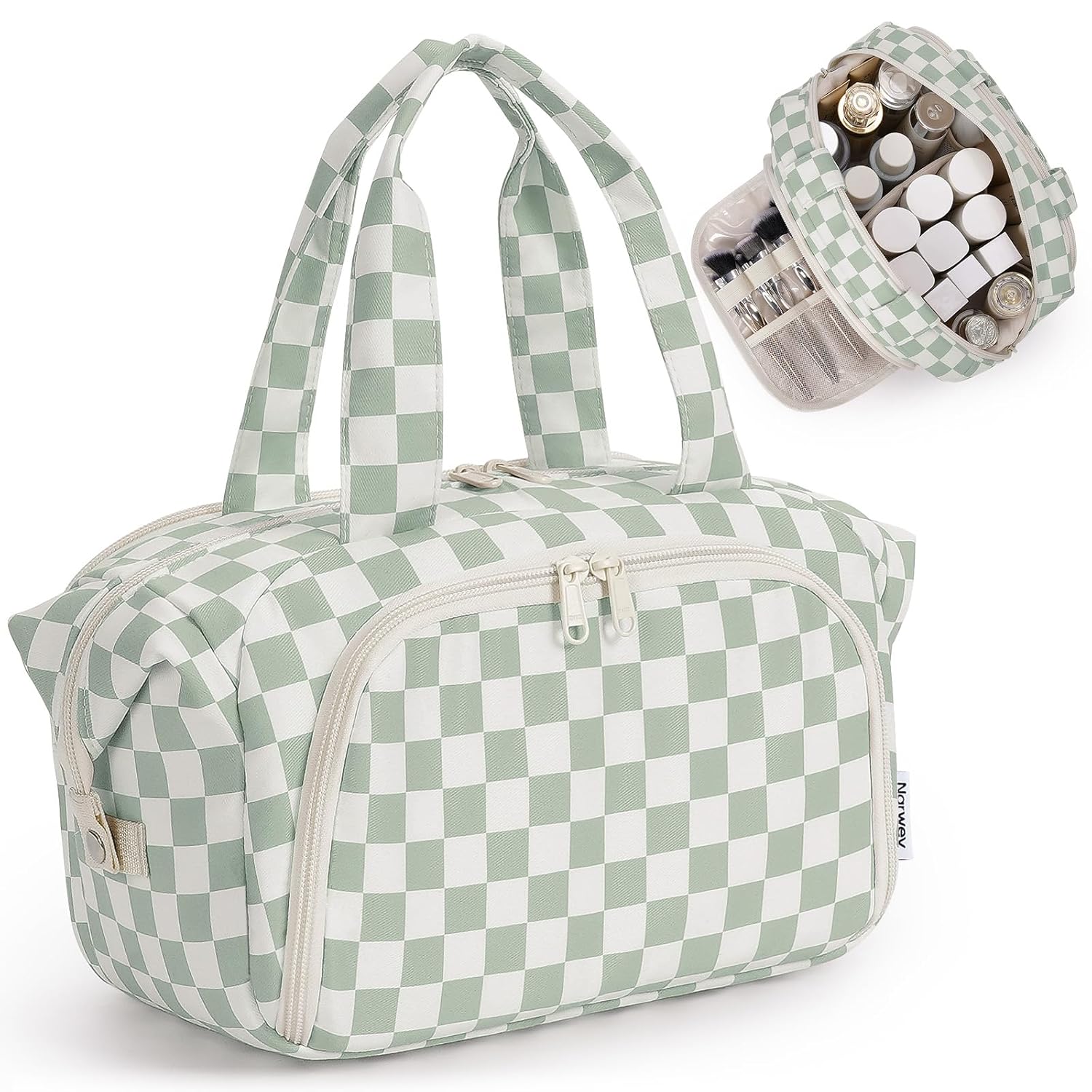 Narwey Travel Toiletry Bag for Women Checkered Large Makeup Bag Wide Open Cosmetic Make Up Organizer with Handle