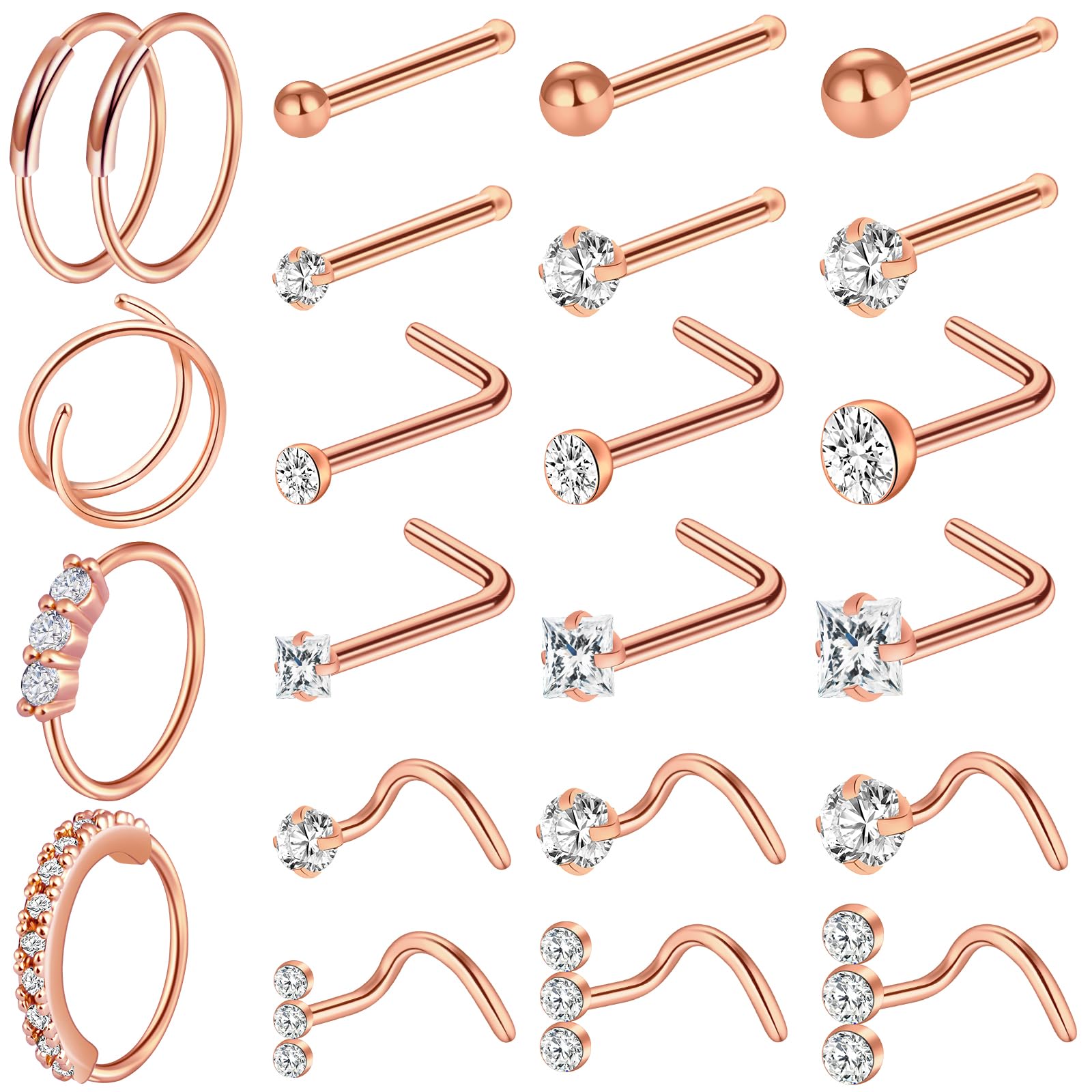 ONESING 23-40 Pcs Gold Nose Rings & Studs - 18G & 20G Nose Piercing Jewelry - L Shape, Hoop & Screw Body Jewelry for Women & Men