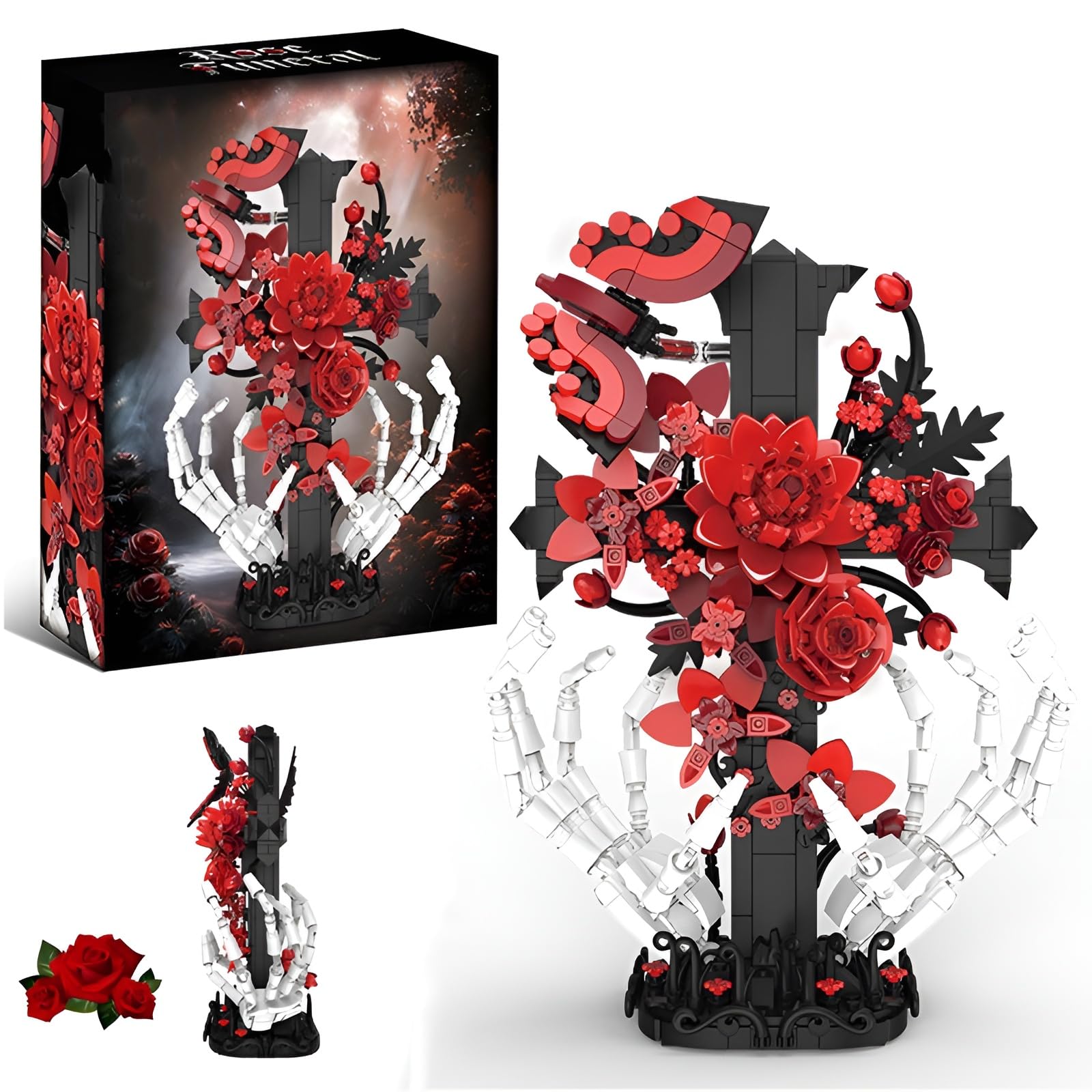 DzirePada Gothic Cross Skeleton Hands with Rose Building Set, 901PCS Cross Flower Building Bricks Kit for Adults, Botanical Collection Model Toy, Unique Dark Romantic Gifts for Women Teens Home Decor