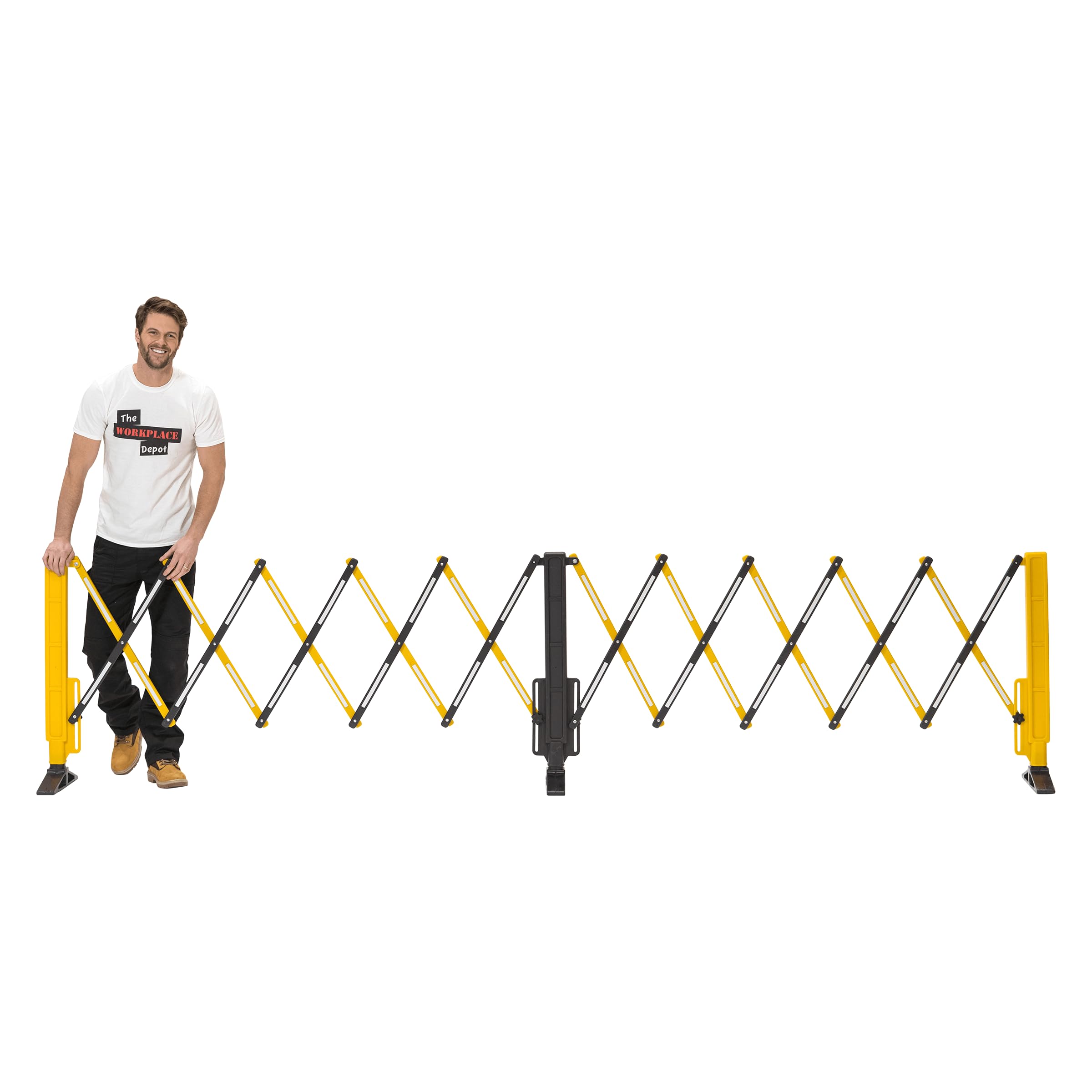 The Workplace Depot Expandable Plastic Safety Barrier – Adjustable 700mm to 5850mm, Black & Yellow, Lightweight, Durable, Wind-Resistant, Ideal for Indoor & Outdoor Use, 11.05kg
