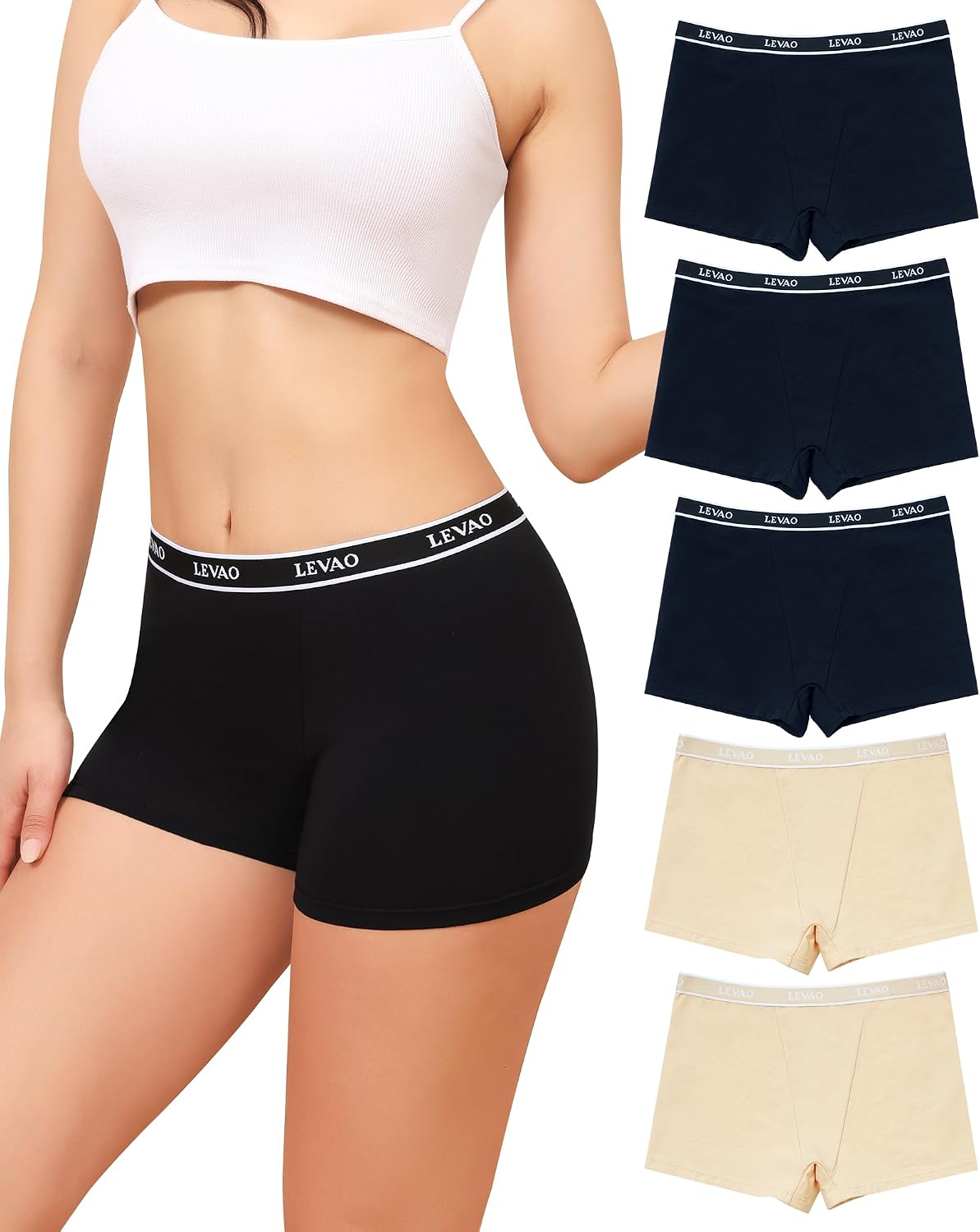 LEVAO Cotton Boy Shorts Underwear, Women's Boxer Briefs, Mid-Waisted Boyshorts, Full Coverage Panties, 5 Pack S-XXL