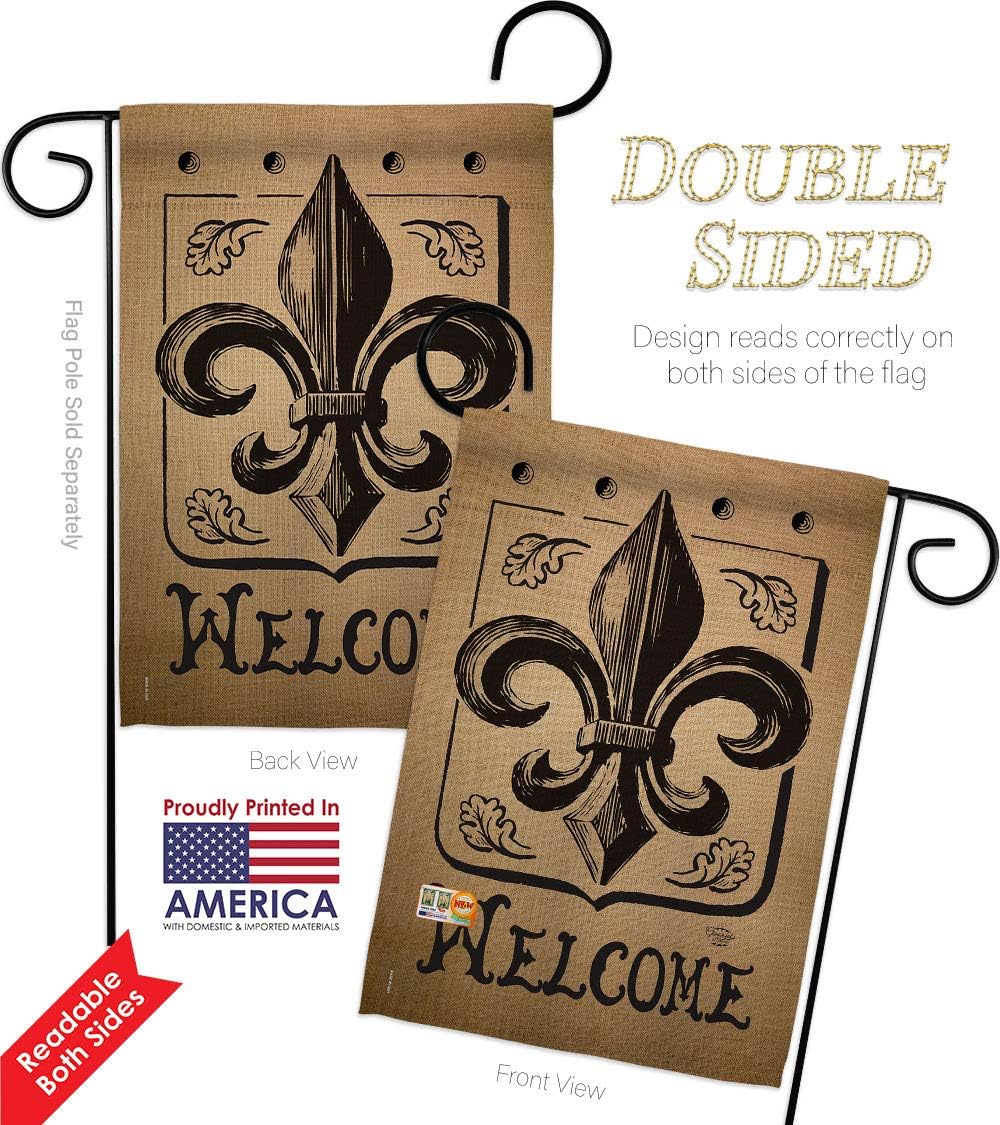 Welcome Fleur De Lys Garden Flag Set with Stand Country Living Vintage Flower Lily Lis French Party Mardi Small Decorative Gift Yard House Banner Double-Sided Made In USA 13 X 18.5