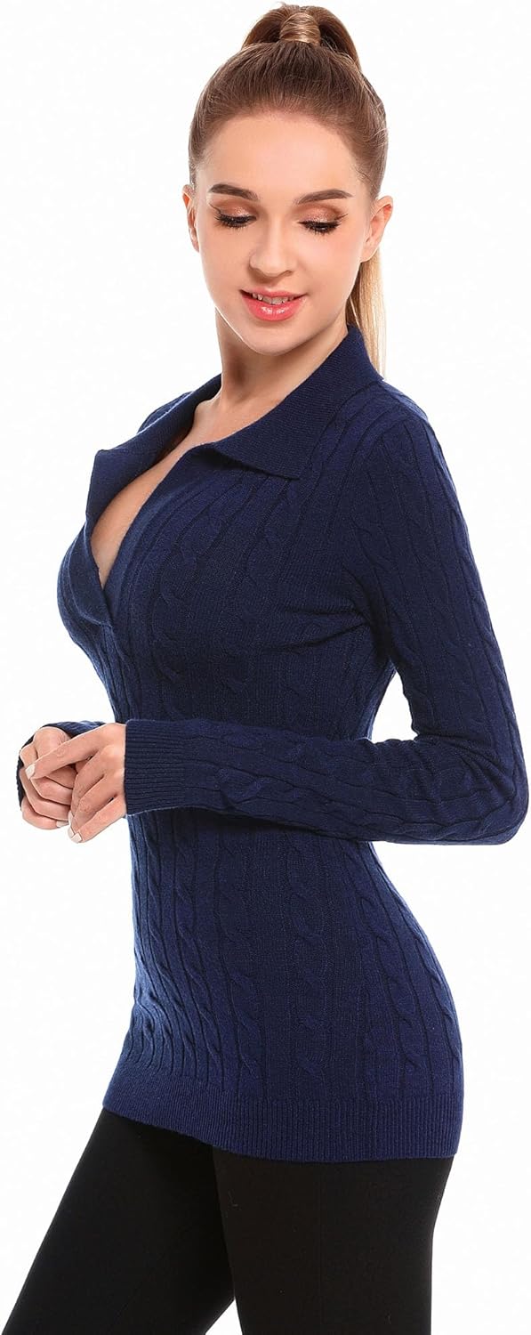 AmélieBoutik Women Collar V Neck Cable Knit Long Sleeve Pullover Sweater - Image 2