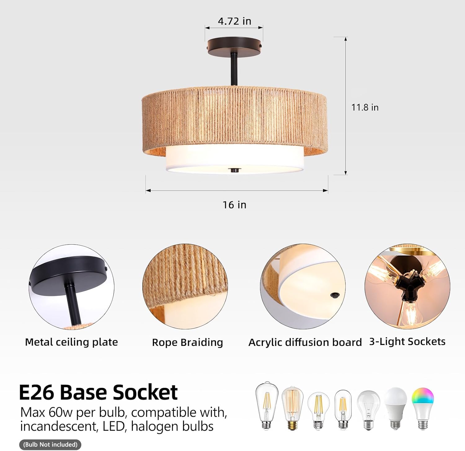 Bohemian Semi-Recessed Pendant Light Wicker Ceiling Lamp 16-Inch Farmhouse-Style Pendant with Natural Hemp Rope Fabric Shade Suitable for Dining Room/Living Room/Bedroom/Kitchen