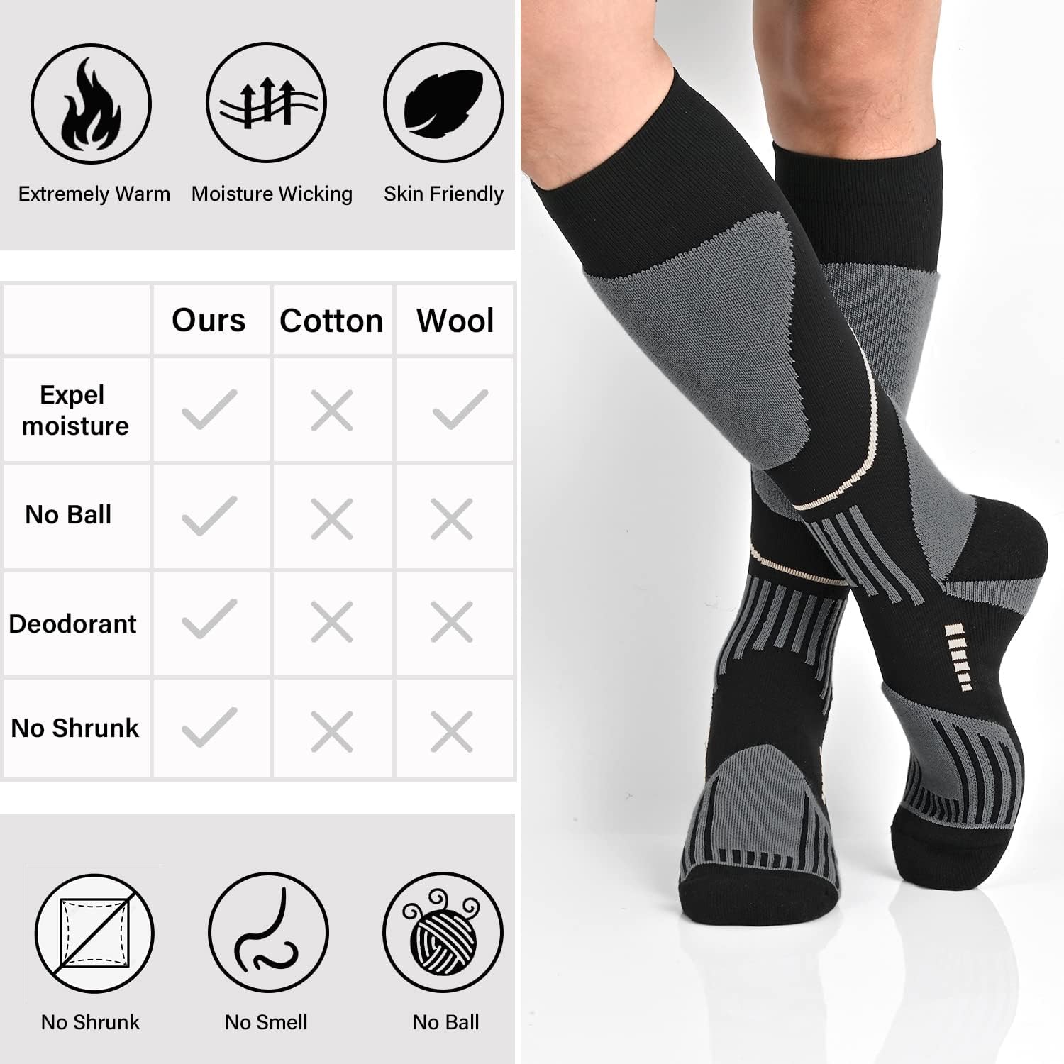 COOPLUS 2 Pairs Ski Socks for Men Women, Compression Knee High Sock for Skiing Snowboarding Hiking Outdoor Sport Cold Weather - Image 6