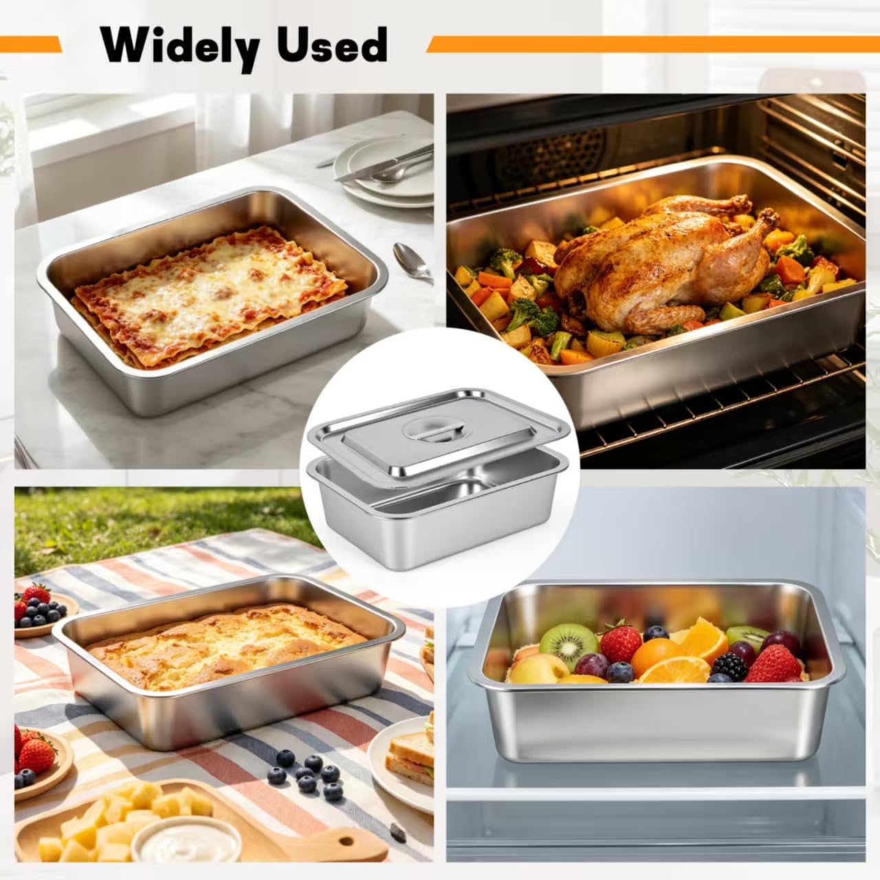 Deep Lasagna Pan with Lid - 7.4QT Stainless Steel -7