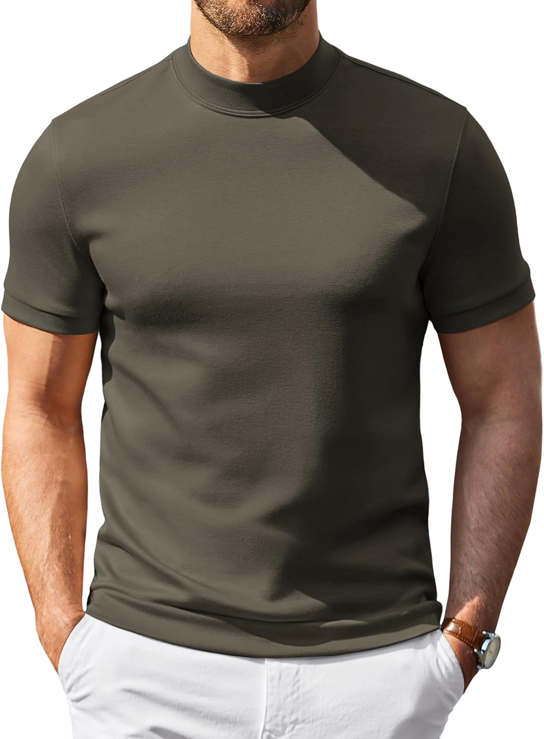 COOFANDY Men's Short Sleeve Mock Neck Sweater Casual Stylish Slim Fit Basic Top Silk-Like Fabric