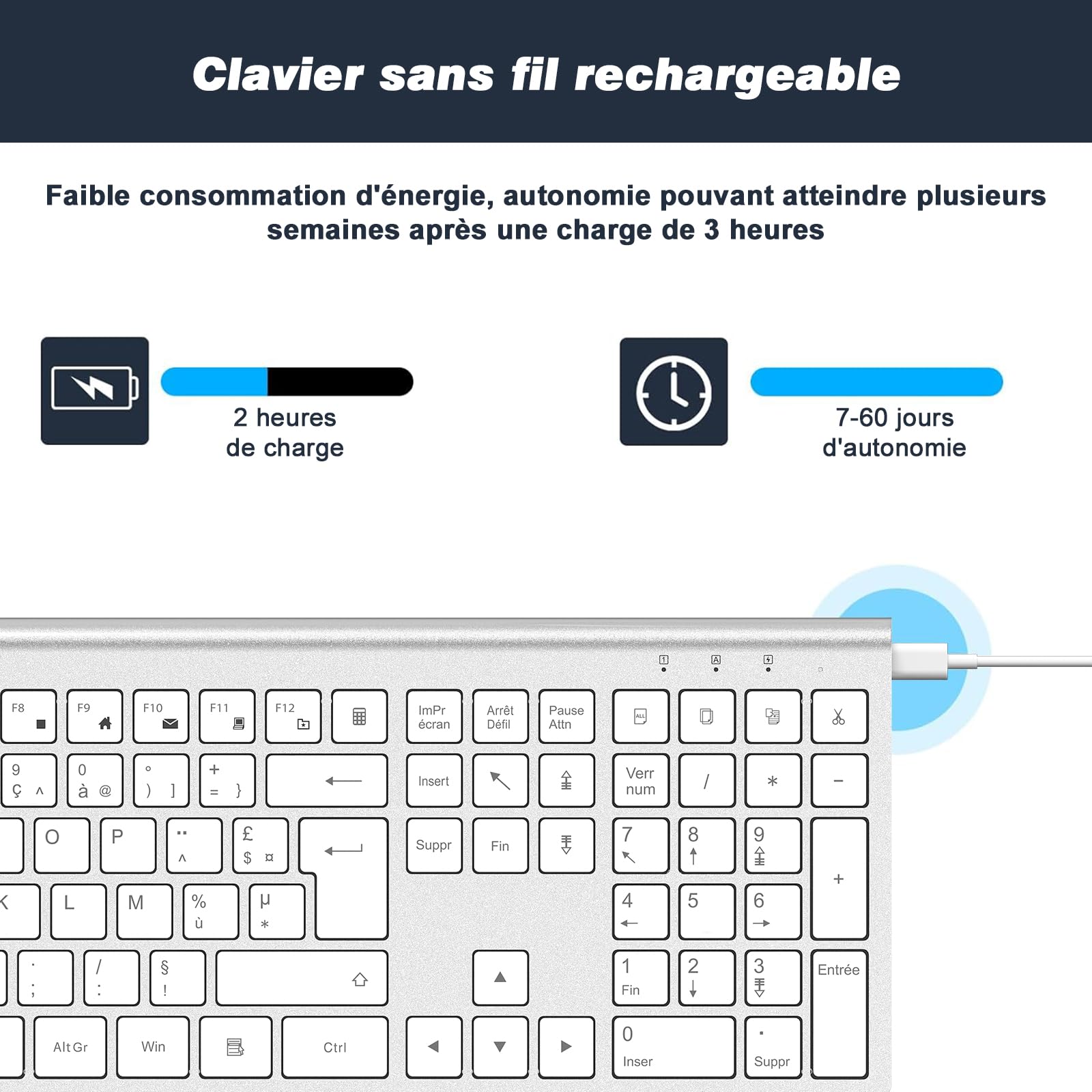 cimetech Clavier sans Fil Rechargeable, Connexion 2.4Ghz, Clavier Silencieux, Ultra-Fin, AZERTY Français, avec Pavé Numérique, pour MacOS/iOS/Android/Windows/PC/Ordinateur/Portable-Blanc Argent