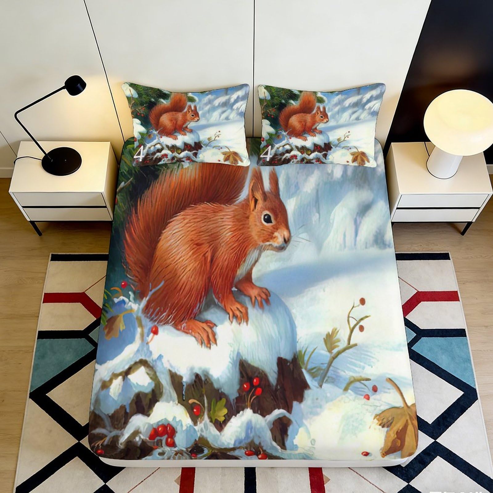 3D Printed Red Squirrel Fitted Sheet Microfiber Soft Breathable Winter Scene Bed Cover for Bedroom Dormitory Guest Room Mattress Protection Decor 120x200x25cm