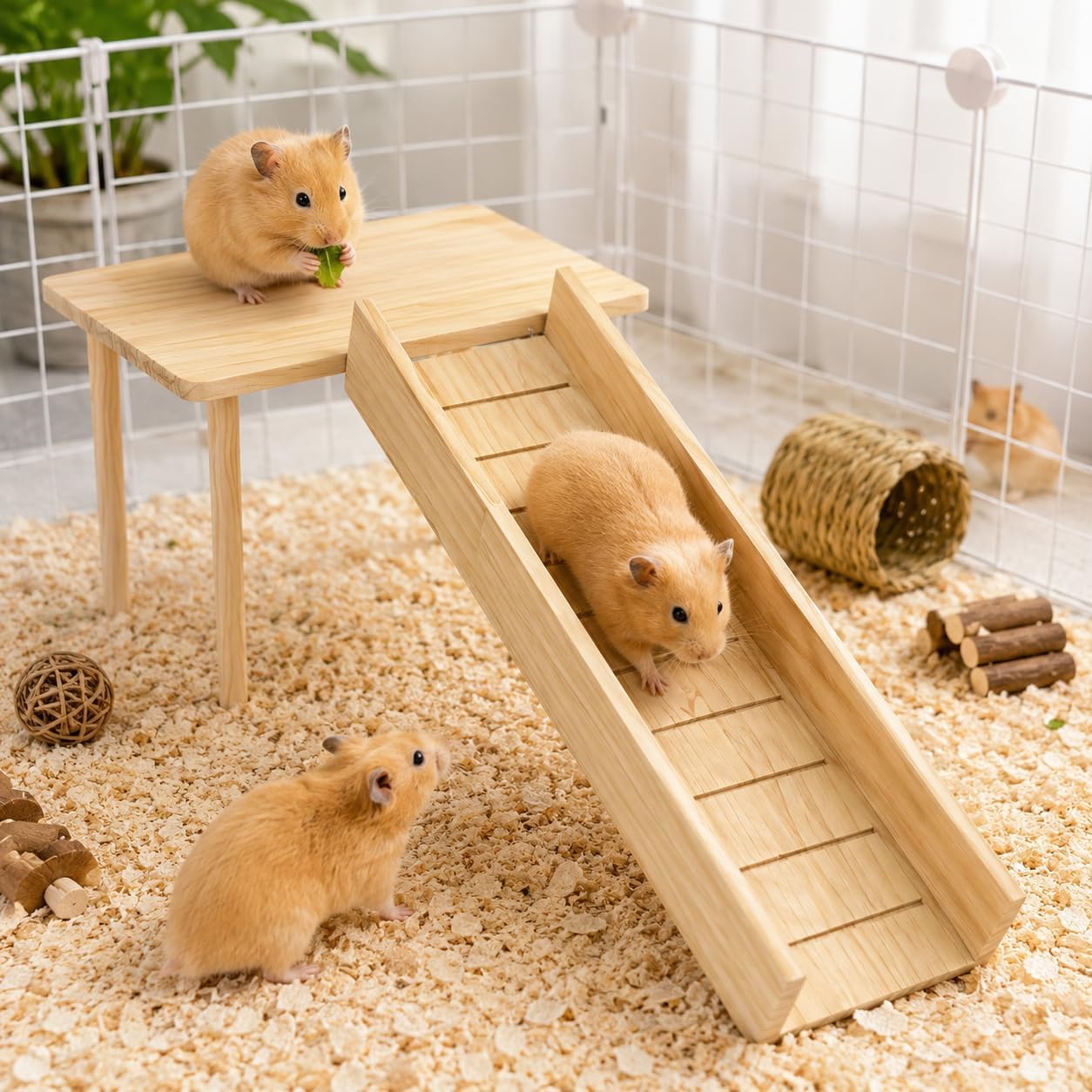 Hamster Cage Platform with Ramp, Wooden Climbing Shelf for Gerbils & Mice