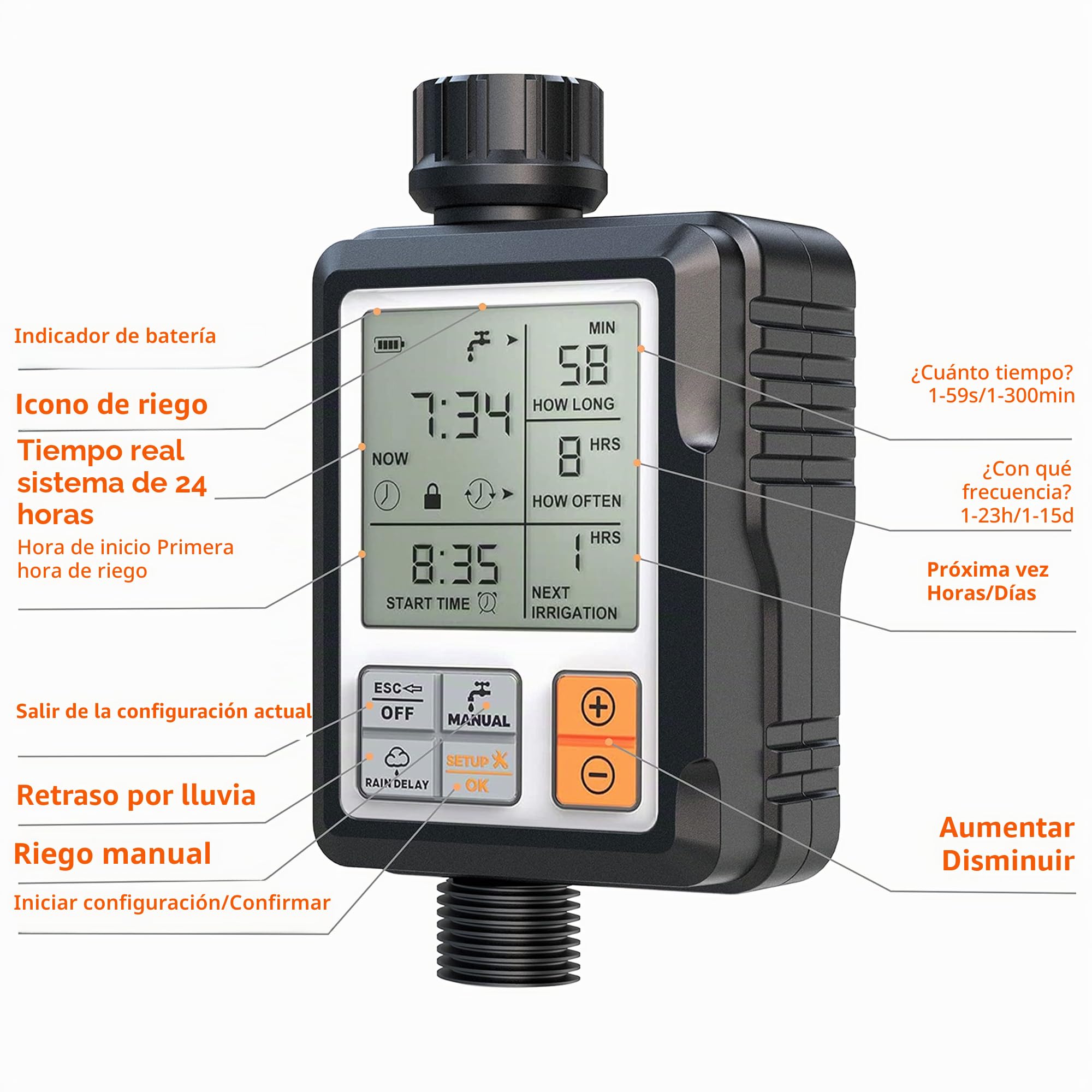 CROSOFMI Programador Riego Jardin Temporizador de Riego Automatico Control Pantalla Grande de 3 Pulgadas Naranja