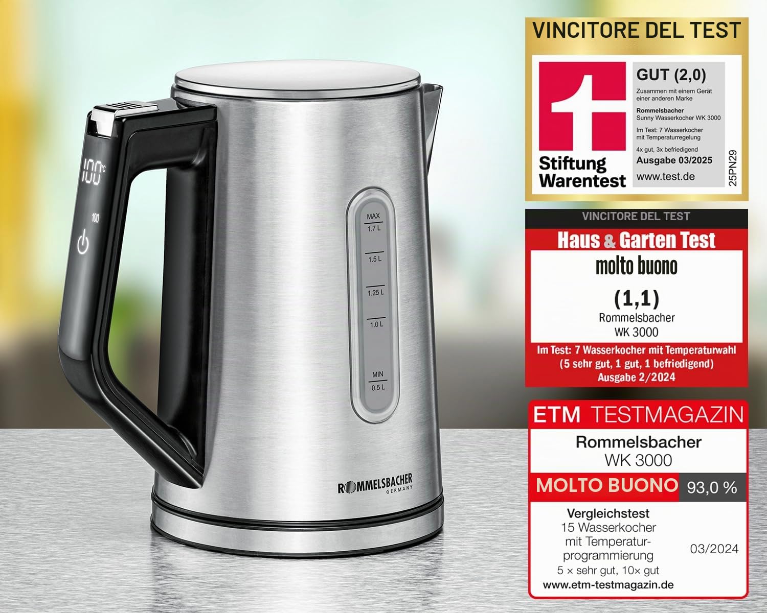 ROMMELSBACHER Bollitore WK 3000 - Stiftung Warentest Vincitore 3/2025, 1,7 litri, controllo a 1 tasto, funzione di avviamento, selezione della temperatura da 45 a 100 °C, fondo della brocca chiuso,