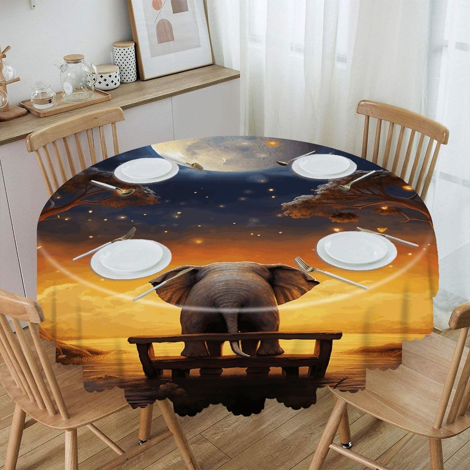 VstaDank Animal Elephant Owl Tree Moon Star Round Tablecloth 60 Inch Easy to Clean Circle Table Cover Thick Decorative Round Polyester Table Cloth for Dining Kitchen Party Farmhouse Outdoor