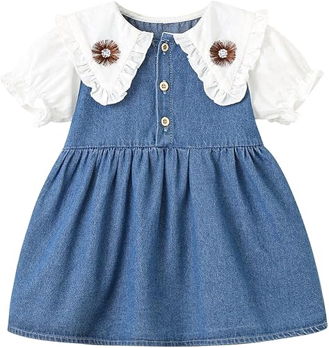 Button Dresses for Girls Fall Winter Puff Sleeve Turtle Neck Faux Denim Color Bl